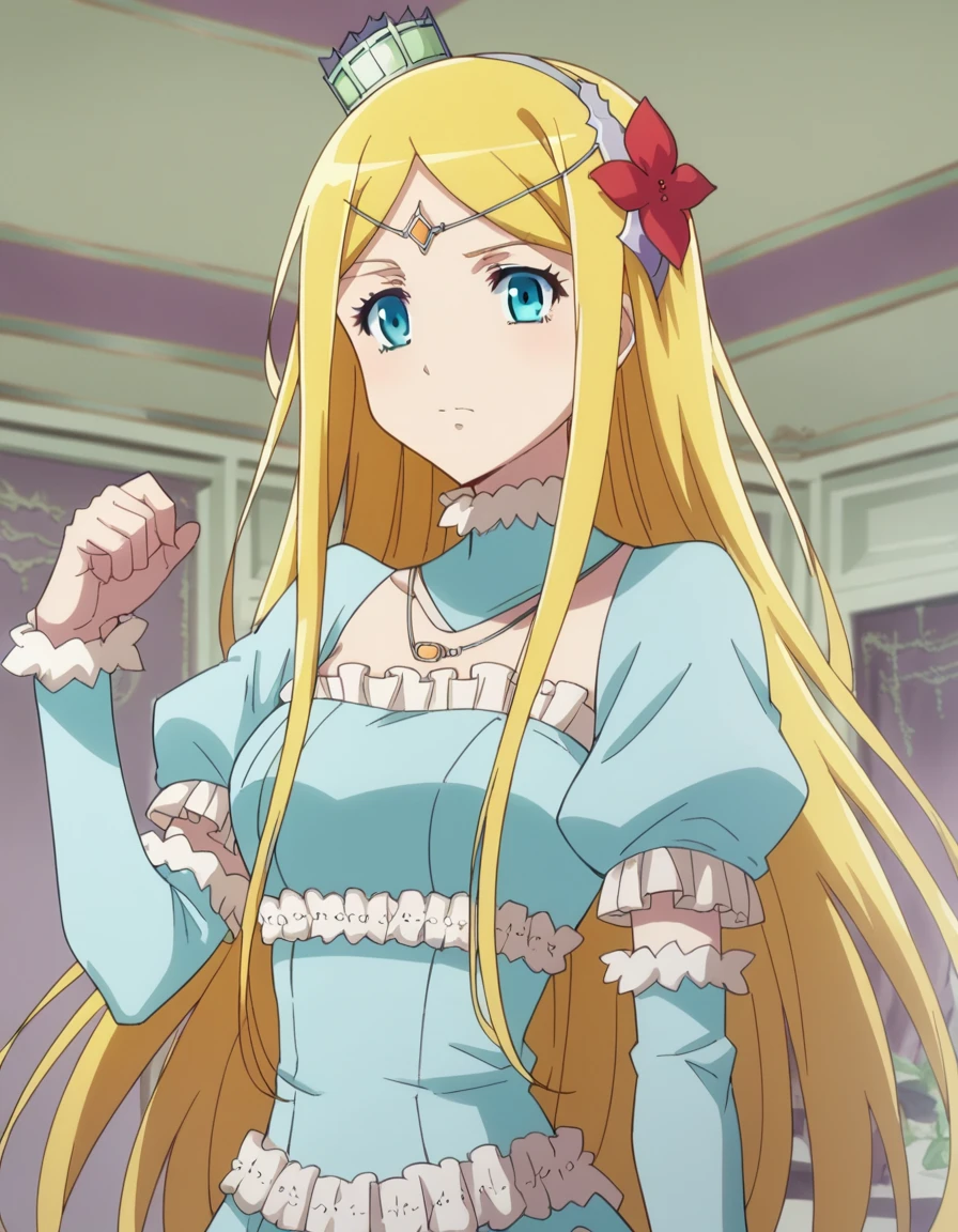 score_9, score_8_up, score_7_up, source_anime,
rennertheierechardelonrylevaiself, <lora:renner-theiere-chardelon-ryle-vaiself-ponyxl-lora-nochekaiser:1>,
renner theiere chardelon ryle vaiself, long hair, blue eyes, blonde hair, hair ornament, very long hair, flower, hair flower,
long sleeves, dress, jewelry, puffy sleeves, necklace, blue dress, crown, princess, frills,
indoors,
looking at viewer, cowboy shot, dutch angle, dynamic pose,