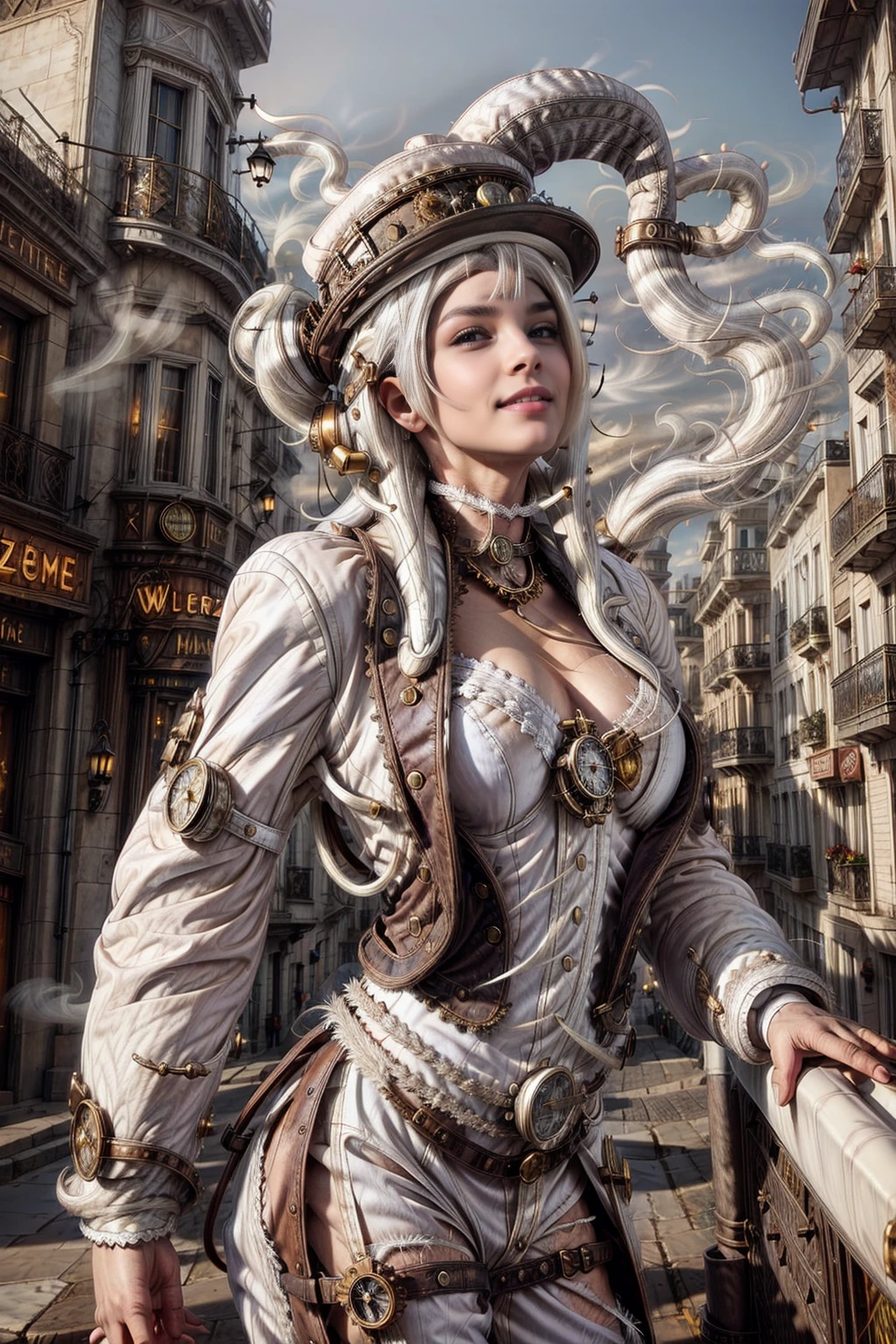 <lora:WhiteSmokeWorld:1> WhiteSmokeWorld (1woman (white hair:1.5):1.2) (bra and jean:1.1) near a bar in parís (cool steampunk hat:1.4)