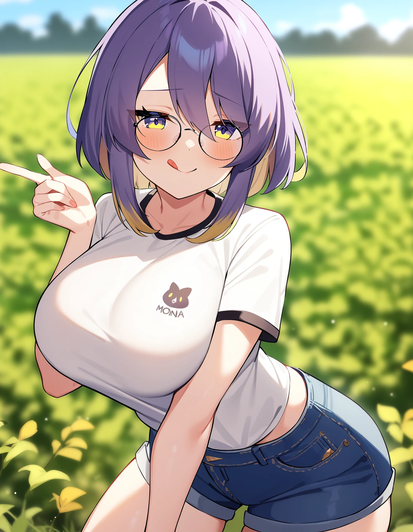 1girl, moona hoshinova, hololive indonesia, hololive,
short hair, gradient hair, streaked hair, large breasts, white t-shirt, naughty face, tongue out, denim shorts, round eyewear,
field, depth of field,
masterpiece, best quality, very aesthetic, absurdres,