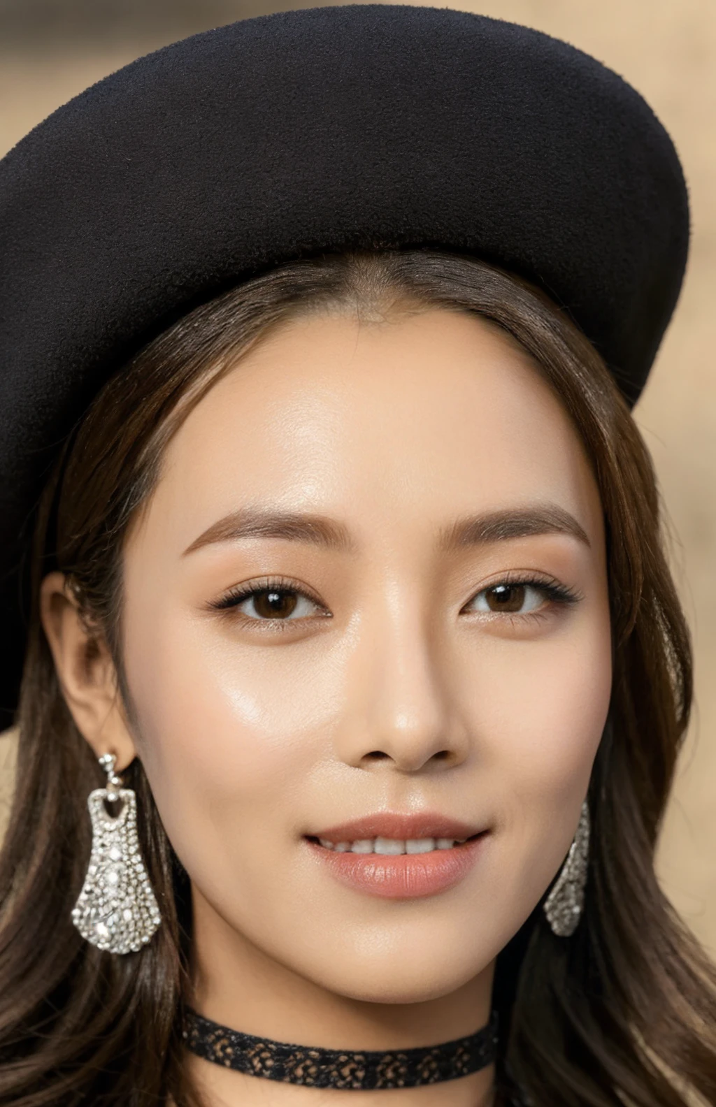 4k, 8k, ultra highres, raw photo in hdr, sharp focus, intricate texture,realistic, detailed facial features, highly detailed face, posing,perfect lighting,earrings,black choker,smile,closeup,hat,<lora:Somin2:0.7> Somin2