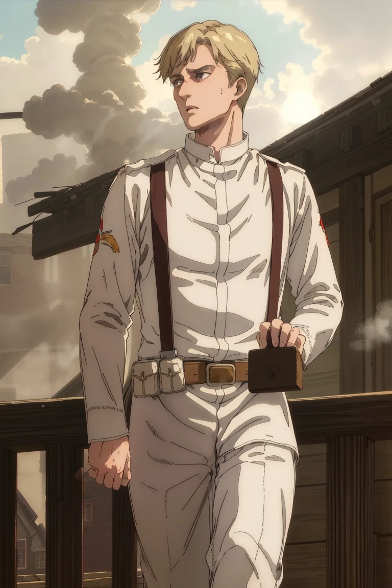 solo male, Colt Grice, blond hair, light hazel eyes, tall, white Marleyan soldier uniform, (standing collar, mandarin collar, light collar:1.2), light pants, (black suspender straps, black belt, supply packs), tall combat boots, young, handsome, charming, alluring, perfect anatomy, perfect proportions, best quality, masterpiece, high_resolution, standing, upper body, dutch angle, cowboy shot, photo background, germany city, day, ((wide avenue, high timber frame townhouse, historical building)), ((battlefield, steamy, smoky, sad, backlight, golden glare, fire))<lora:EMS-326009-EMS:0.800000>