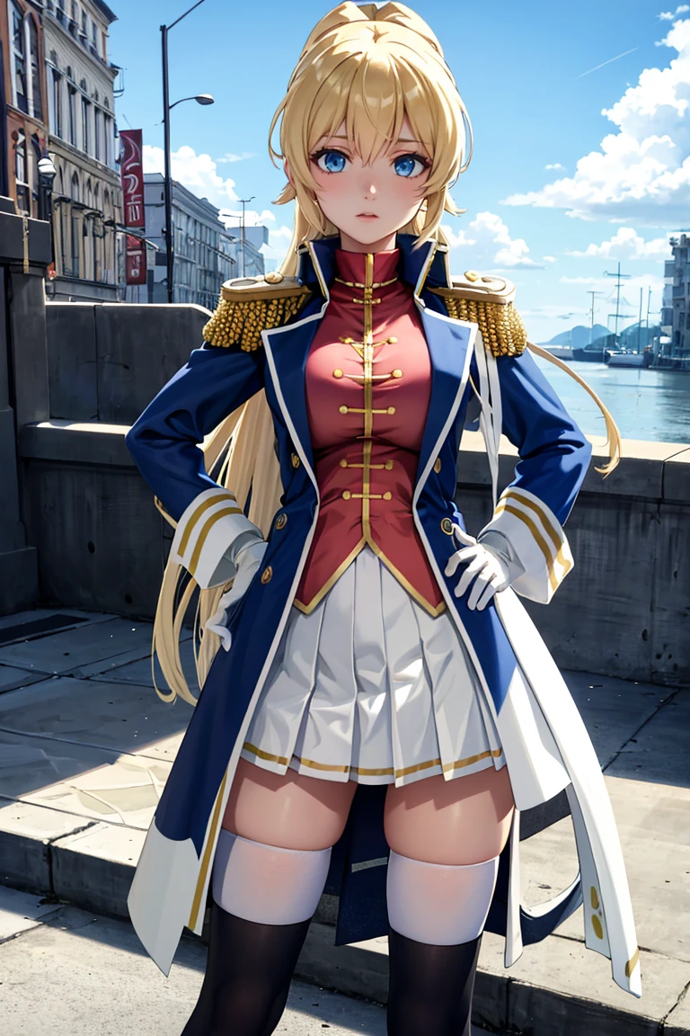 masterpiece, best quality, absurdres, 1girl, solo, AsteriaBase, long hair, ponytail, red shirt, white skirt, blue coat, epaulettes, white thighhighs, white gloves, hands on hips, outdoors, <lora:YuinshielAsteria:1>