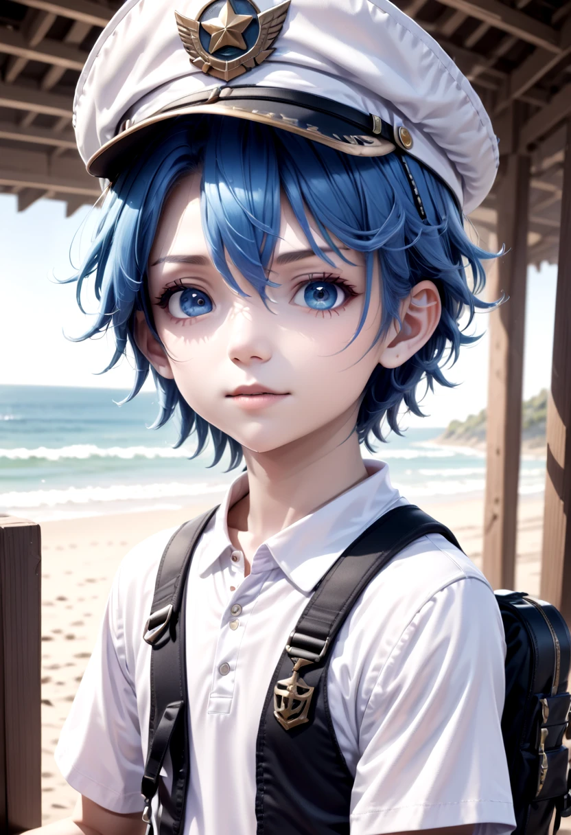 <lora:aoi-SDXL-v1.0:0.6>,1boy, aoi, blue hair, masterpiece, ultra detail, beach, blue eyes, cute shirt, captain cap,cowboy shot,
(masterpiece:1.2), best quality, high resolution, unity 8k wallpaper, (illustration:0.8), (beautiful detailed eyes:1.6), extremely detailed face, perfect lighting, extremely detailed CG, (perfect anatomy),