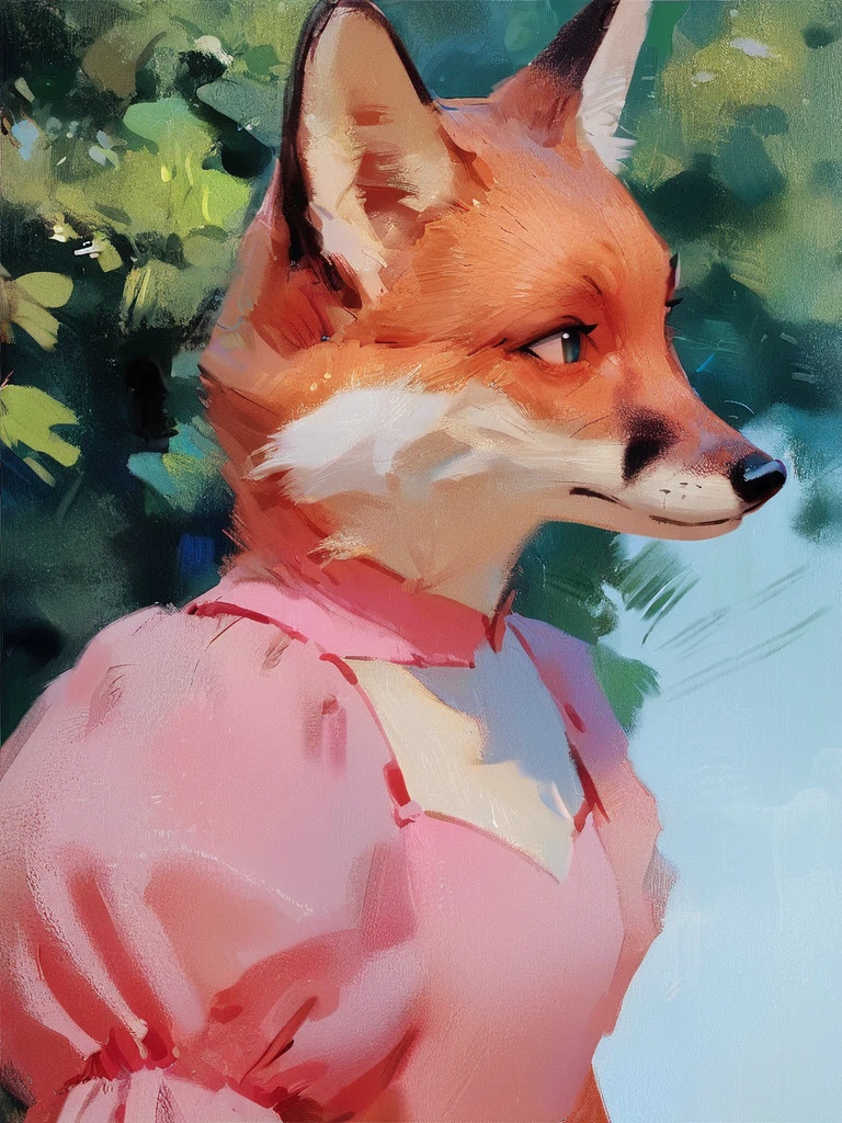 score_9, score_8_up, score_7_up, score_6_up, score_5_up, score_4_up, source_furry, digioils style, a portrait of a fox in a pink dress, cute, outdoors, sketchy, unfinished, <lora:Digi_mix:1>