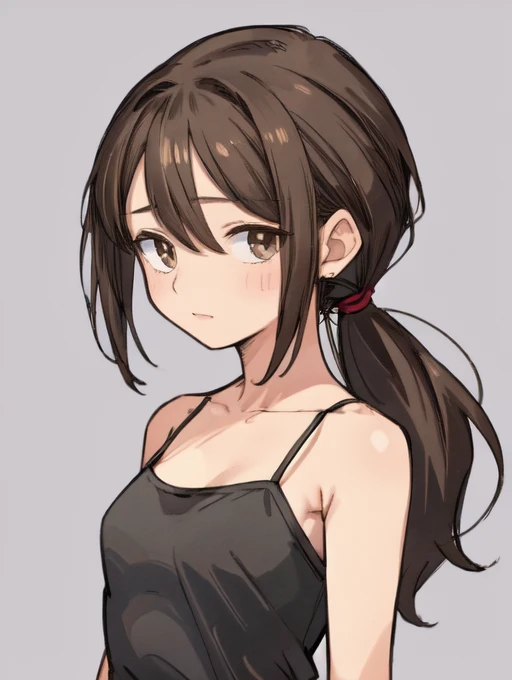 (masterpiece, high quality:1.4), BREAK,
1girl, , solo, (medium hair:1.2), (low ponytail:1.25), brown hair, hair between eyes, narrow waist, brown eyes, flat chest, <lora:low_ponytail-1.0:1>,
BREAK,
black camisole, sleeveless,
upper body,