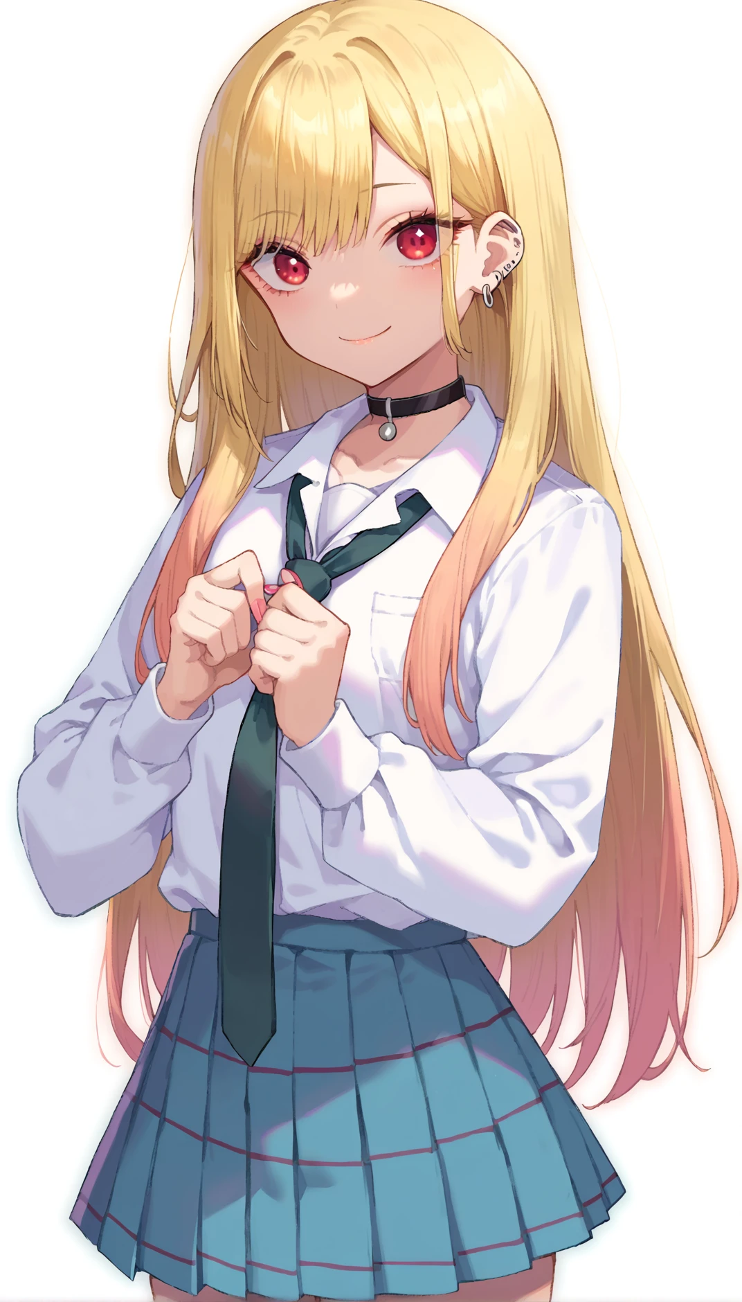 <lora:kitagawa_marin_pony:1> score_9, score_8_up, score_7_up, score_6_up, source anime,
nirampnxl, kitagawa marin, 1girl, solo, blonde hair, red eyes, skirt, long hair, necktie, school uniform, piercing, choker, shirt, white shirt, looking at viewer, ear piercing, jewelry, bangs, pleated skirt, black choker, earrings,  collared shirt, smile, long sleeves,