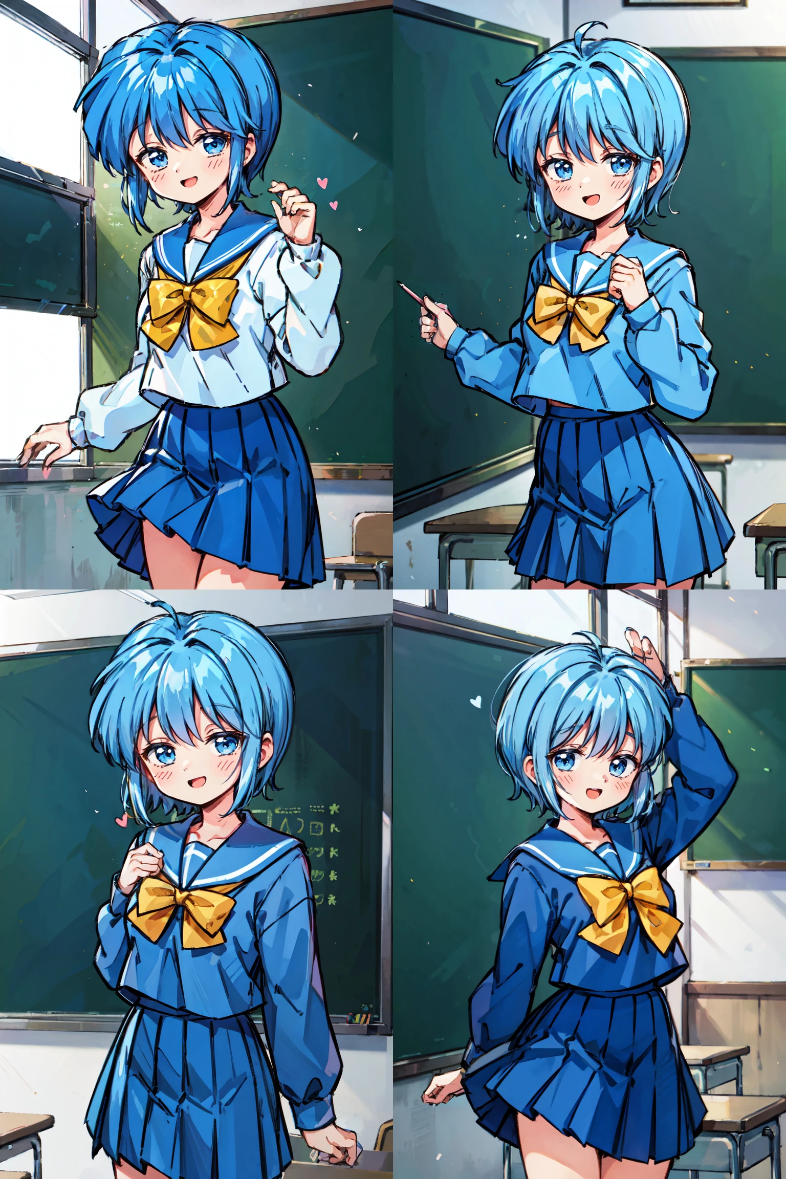 best quality,masterpiece,1girl,Saki Nijino,<lora:yl^ - Saki Nijino (0h0M00M00000 Tokimeki Memorial) 0020:0.8>,solo,chalkboard,blue hair,blue eyes,school uniform,skirt,retro artstyle,open mouth,yellow bow,pleated skirt,short hair,serafuku,1990s (style),long sleeves,smile,bow,looking at viewer,blue skirt,indoors,heart,sailor collar,classroom,bowtie,bangs,cowboy shot,
