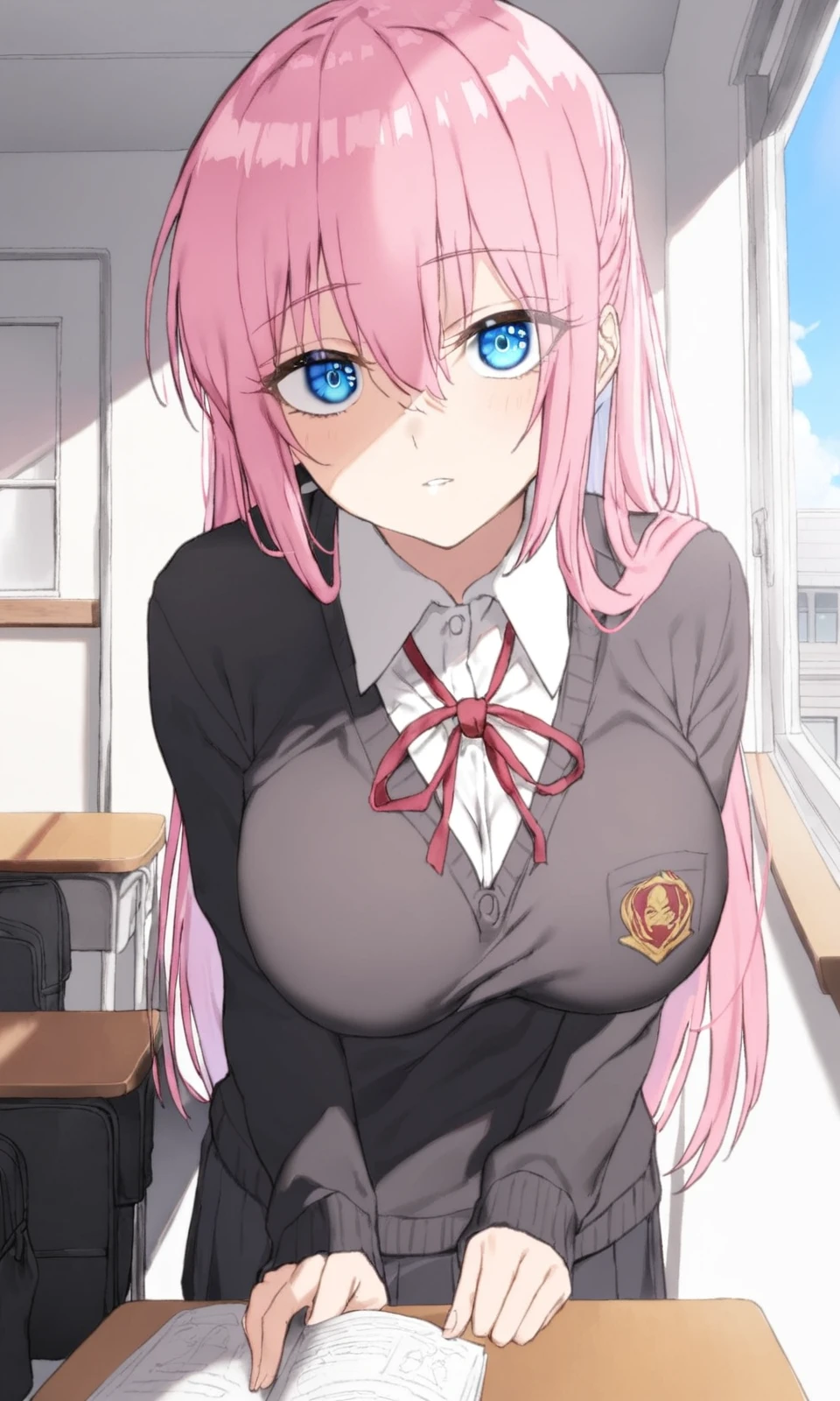 1girl, shikimorisan, pink hair, long hair, blue eyes, hair between eyes, bangs, large breasts, white shirt, collared shirt, school uniform, black cardigan, red ribbon, classroom, looking at viewer,
