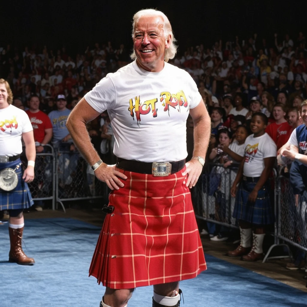 portrait, 1boy, adult, standing, smile, audience, Joe Biden, wearing HUD_Rwdy_Pipr, white shirt "Hot Rod" text, belt, kilt, wristband, kneepads, boots, <lora:Rowdy_Roddy_Piper:0.6>