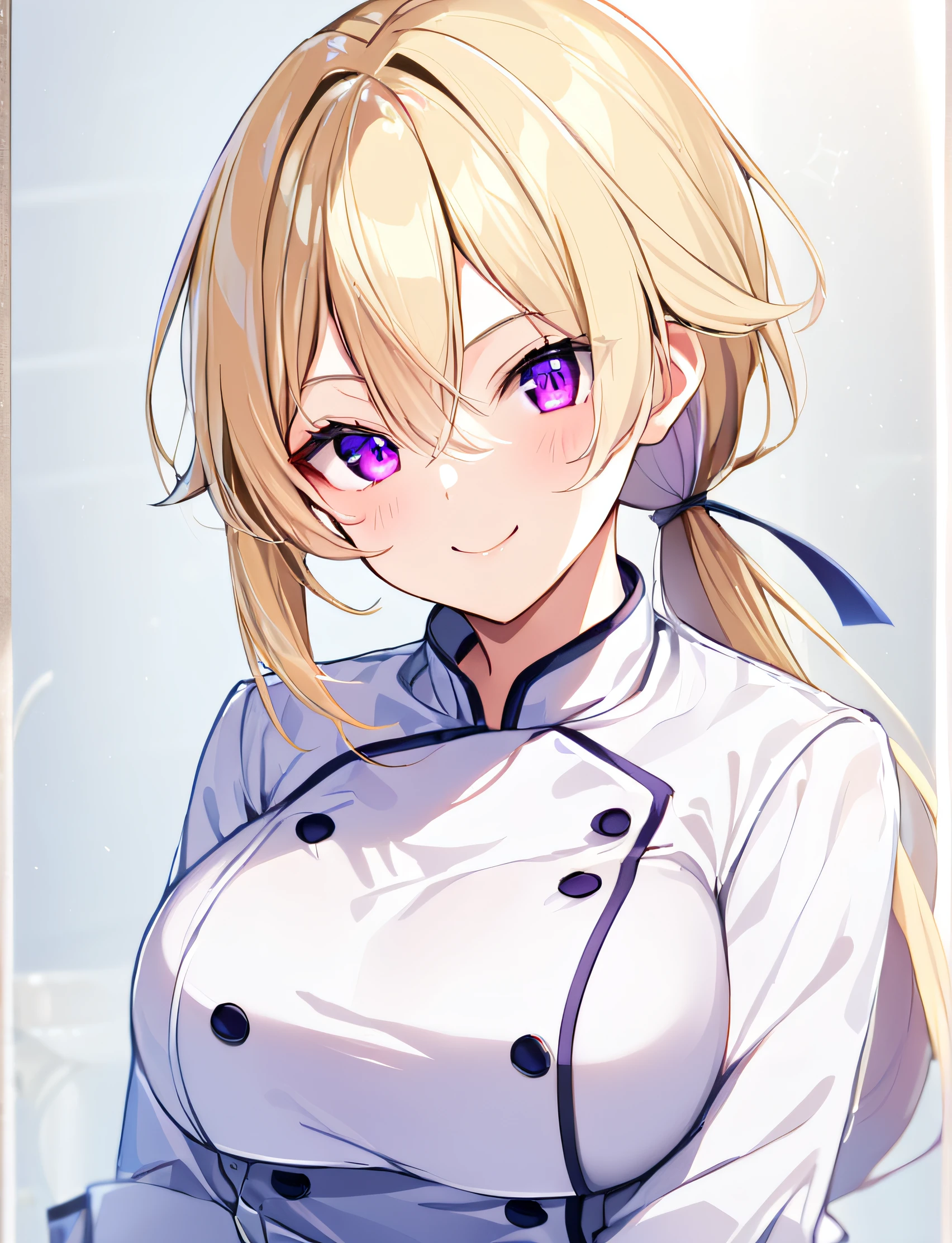 <lora:Erina:0.7> 1girl,solo,long blonde hair,breasts,looking at viewer,smile,bangs,large breasts,purple eyes,long sleeves,hair between eyes,closed mouth,upper body,ponytail,buttons,low ponytail,double-breasted,chef <lora:Anime_Enhancer_XL:1>