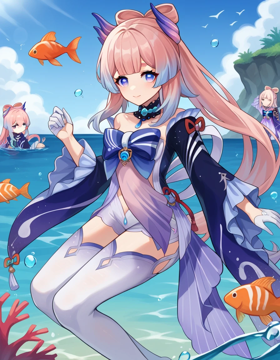 score_9, score_8_up, score_7_up, source_anime,
kokomisangonomiya, <lora:kokomi-sangonomiya-ponyxl-lora-nochekaiser:1>,
kokomi sangonomiya, long hair, bangs, hair ornament, purple eyes, pink hair, sidelocks, multicolored hair, blunt bangs, gradient hair, bow-shaped hair, smile,
thighhighs, gloves, long sleeves, bow, frills, detached sleeves, shorts, white gloves, wide sleeves, bowtie, white thighhighs, frilled sleeves, vision \(genshin impact\),
outdoors, ocean, sea, fish, dolphins, jellyfish, submerged, swimming, coral, coral reef,
looking at viewer, dynamic pose,