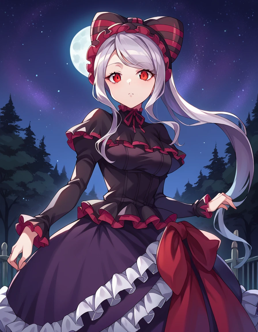 score_9, score_8_up, score_7_up, source_anime,
shalltear, <lora:shalltear-bloodfallen-ponyxl-lora-nochekaiser:1>,
shalltear bloodfallen, grey hair, long hair, red eyes, silver hair,
black dress, bonnet, bow, dress, frilled dress, frills, large bow, long sleeves, vampire,
outdoors, night, forest, night, moon, starry sky,
looking at viewer, cowboy shot, dutch angle,
