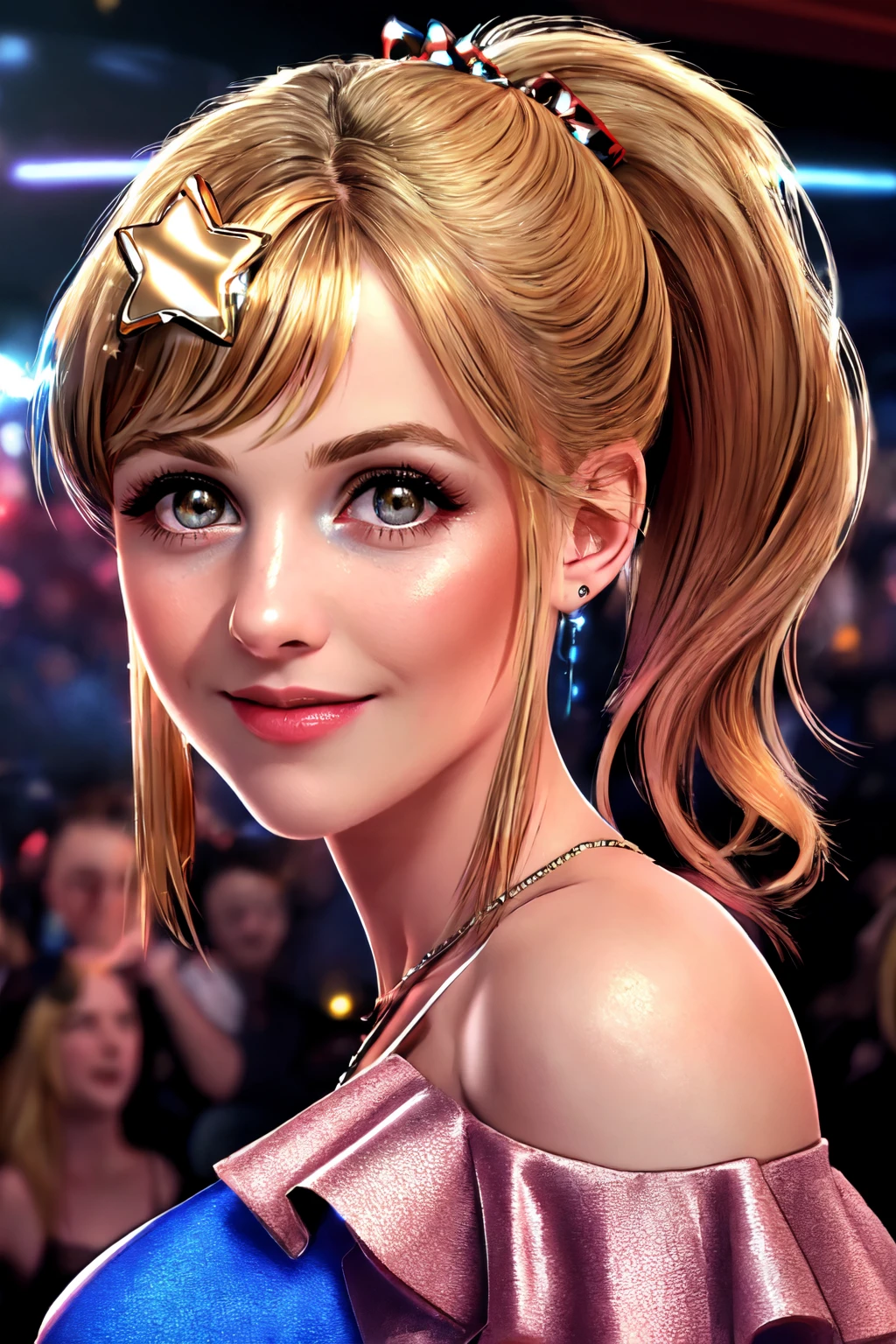 beautiful eyes, beautiful girl, high detail skin, high detail eyes, high detail hair, highres, ultra detailed, sharpen picture, Highly detailed, masterpiece, best quality, photorealistic,
<lora:ByulLoRA:0.8>1girl, short hair, side ponytail, star-shaped pupils, hair ornament, star (symbol), dress, bare shoulders, bow, twintails, dancing in a nightclub, dark, red and blue lights, crowd of people, smile