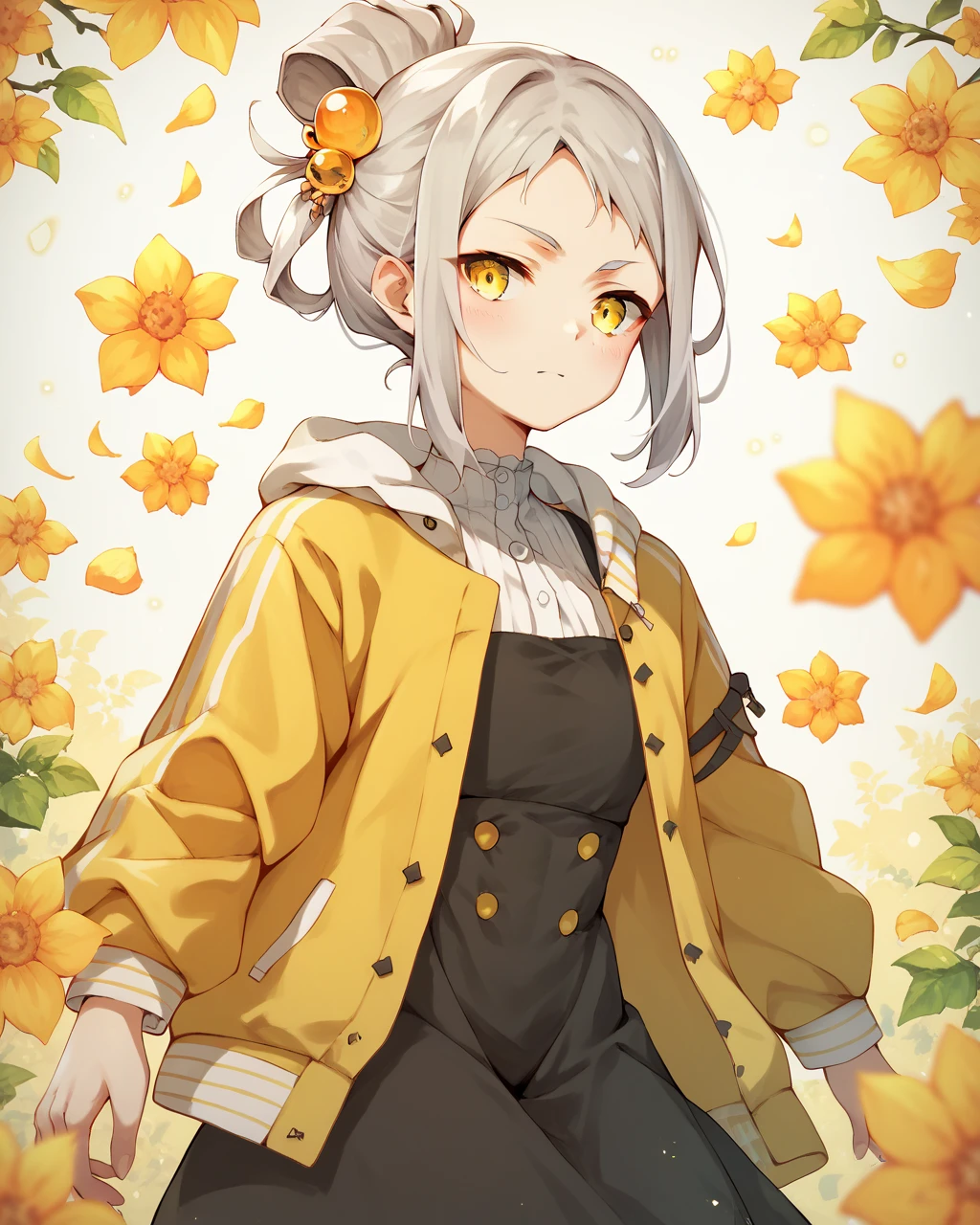 score_9, score_8_up, score_7_up,
<lora:Kiryuu_Shizuka_PONY:1>,1girl, solo,single hair bun, yellow eyes,grey hair, hair ornament, yellow jacket, black dress,