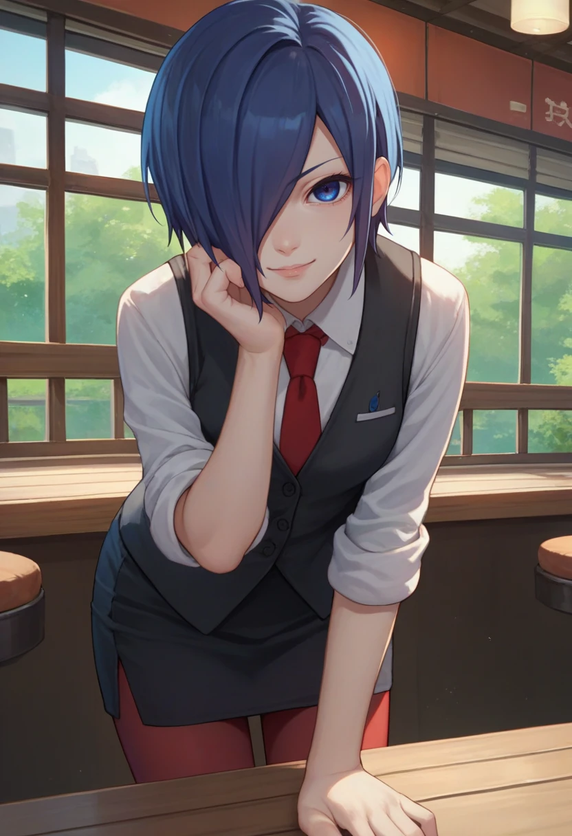 score_9, score_8_up, score_7_up, source_anime, solo, 1girl, kirishima touka, seductive smile, looking at viewer, leaning forward, blue hair, hair over one eye, blue eyes, white shirt, necktie, sleeves rolled up, black vest, pencil skirt, red pantyhose, indoors, cafe <lora:tokyoghoul_kirishima_ponyXL:1>