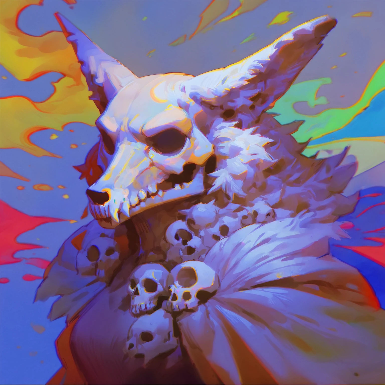 score_9, score_8_up, score_7_up, score_6_up, score_5_up, score_4_up, source_furry, digioils style, a portrait of a white skulldog, fluffy white ears, skull, canine, dress, candy colours, neon colours, cool colours, sketchy, unfinished,<lora:Digi_mix:1>