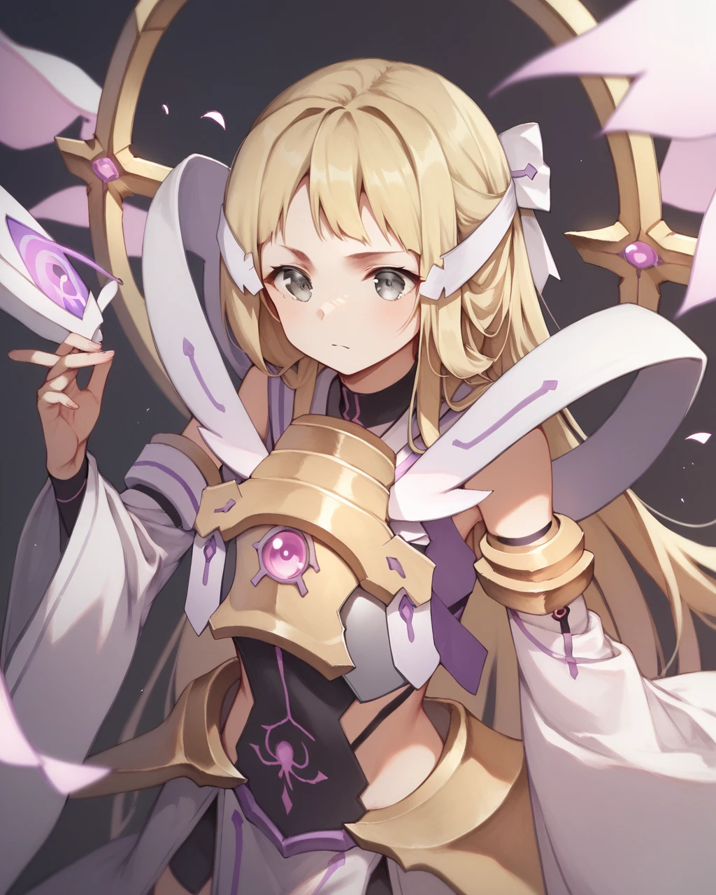 score_9, score_8_up, score_7_up,
<lora:Nogi_Sonoko_Mankai_PONY:1>,1girl, solo, long hair, blonde hair,grey eyes, hair ornament, bangs, hair ribbon, hair bow, wide sleeves, armor, long sleeves, detached sleeves, magical girl,