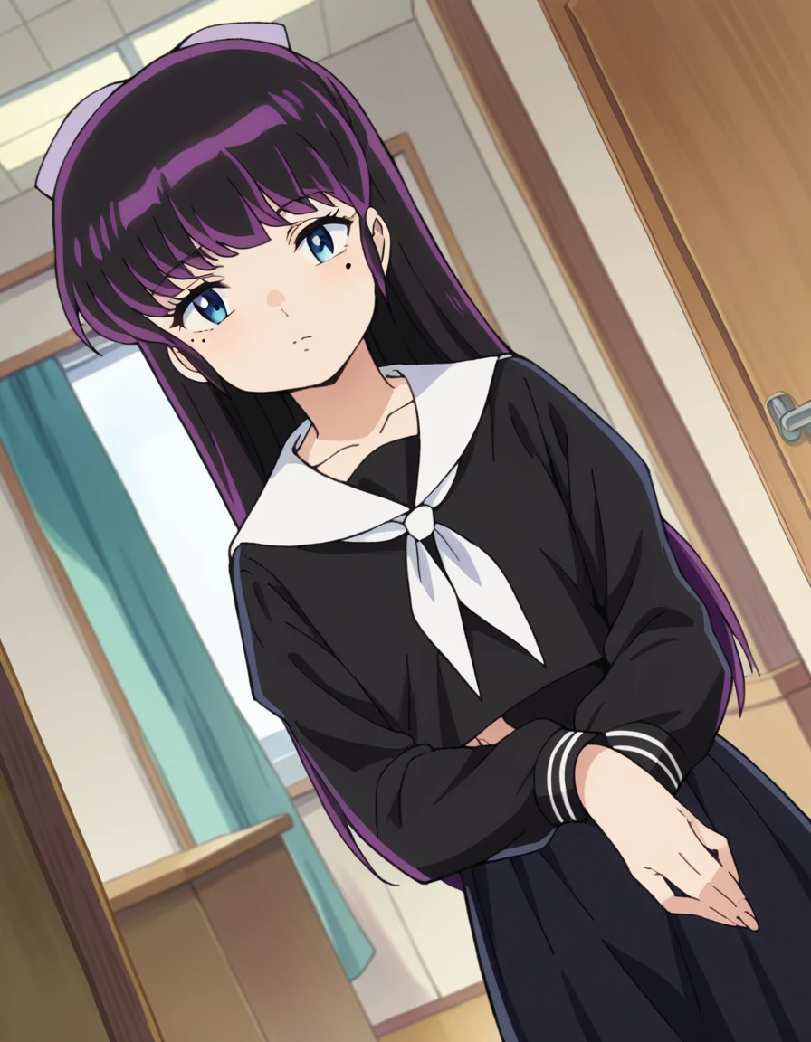 score_9, score_8_up, score_7_up, source_anime,
ryoukomendou, <lora:ryouko-mendou-ponyxl-lora-nochekaiser:1>,
ryouko mendou, long hair, blue eyes, purple hair, bow, hair bow, mole, mole under eye,
skirt, school uniform, serafuku, shirt, black shirt, white sailor collar, long sleeves, black skirt, neckerchief, white neckerchief,
indoors, classroom, hallway,
looking at viewer, cowboy shot, dutch angle,