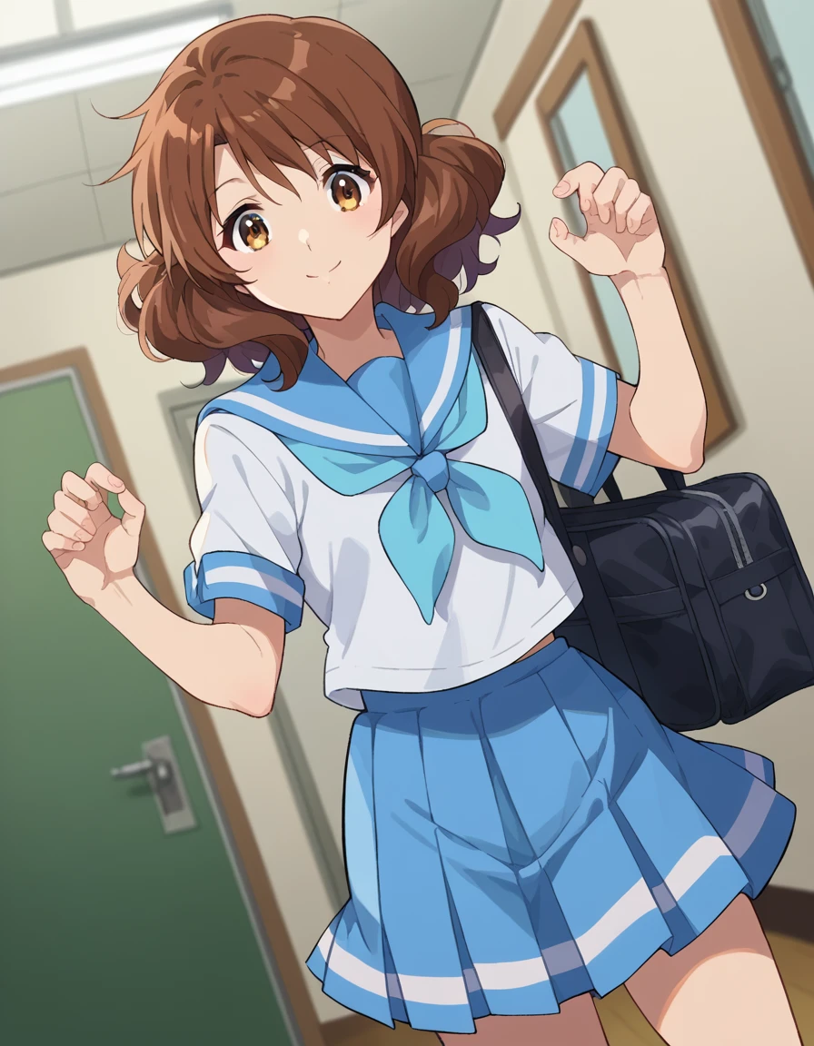 score_9, score_8_up, score_7_up, source_anime,
kumikooumae, <lora:kumiko-oumae-ponyxl-lora-nochekaiser:1>,
kumiko oumae, brown eyes, brown hair, short hair, wavy hair, smile,
skirt, shirt, school uniform, white shirt, short sleeves, pleated skirt, serafuku, sailor collar, blue skirt, neckerchief, blue sailor collar, school bag, blue neckerchief, kitauji high school uniform,
indoors, classroom, hallway,
looking at viewer, cowboy shot, dutch angle, dynamic pose,