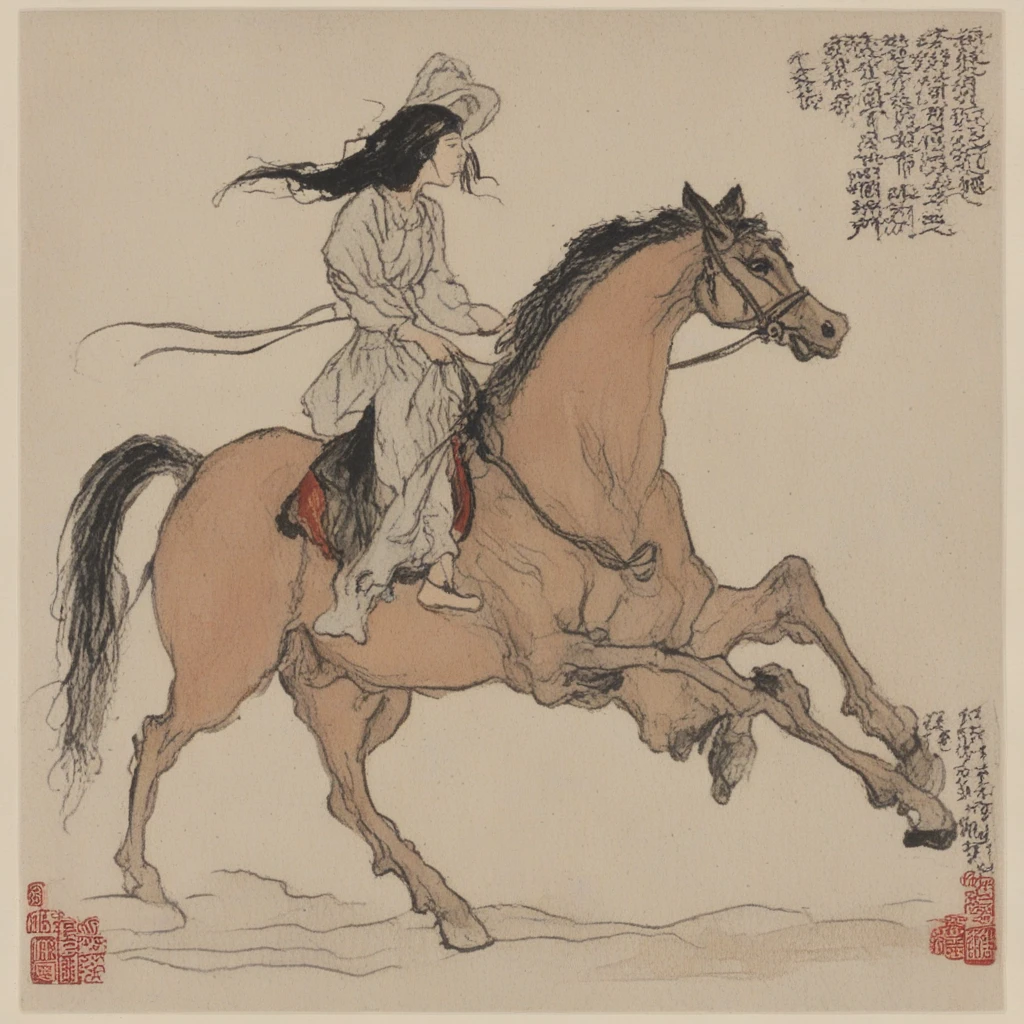 an woman riding a horse, in the style of styj