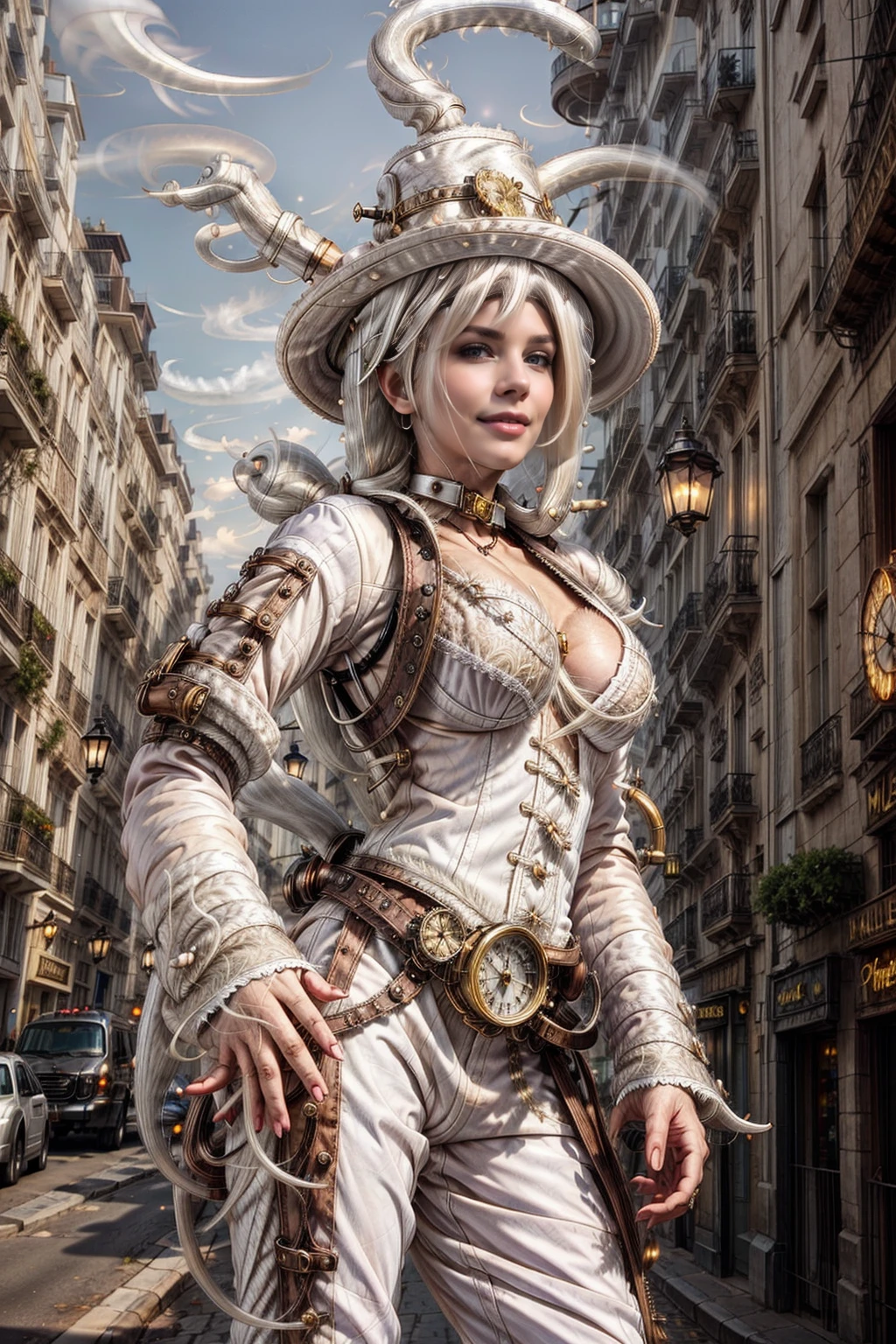 <lora:PearWorld:1> (PearWorld:1.2) (1woman (blonde:1.5):1.2) (bra and jean:1.1) near a bar in parís (cool steampunk hat:1.4)