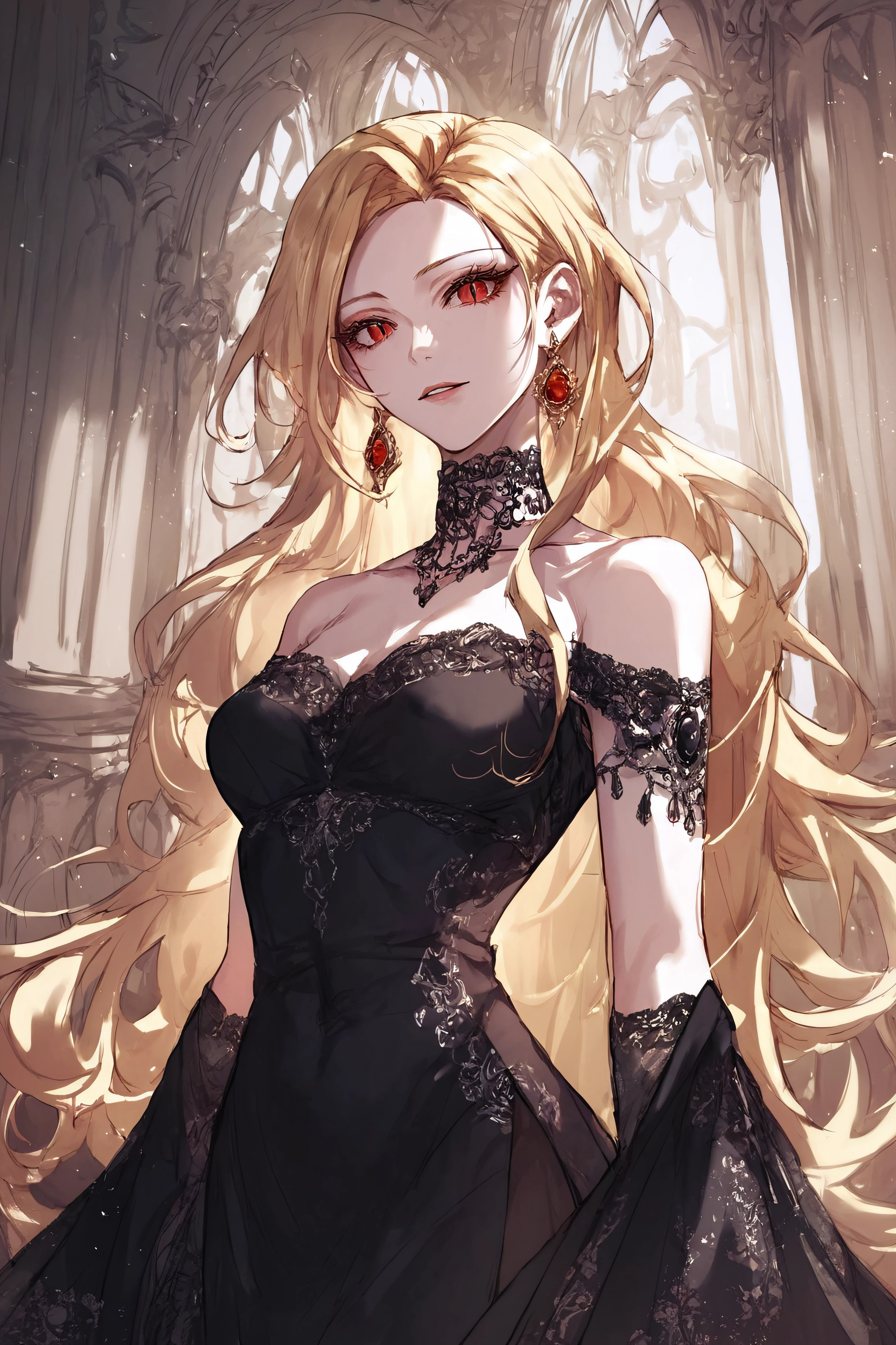 score_9, score_8_up, score_7_up, score_6_up, score_5_up, score_4_up, <lora:Roxana Agrece:0.7> roxana agree, red eyes, slit pupils, blonde hair, long hair, bare shoulders, jewelry, earrings, black dress,