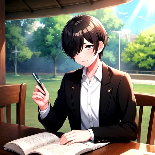 <lora:Aoi_Miyake-1:0.7>, miyakeaoi, short hair, brown hair, shirt, long sleeves, holding, jewelry, sitting, closed mouth, white shirt, outdoors, collared shirt, pants, hair over one eye, tree, cup, book, dress shirt, chair, black pants, table, sunlight, grey shirt, lens flare, teacup, light rays, open book, reading, bush