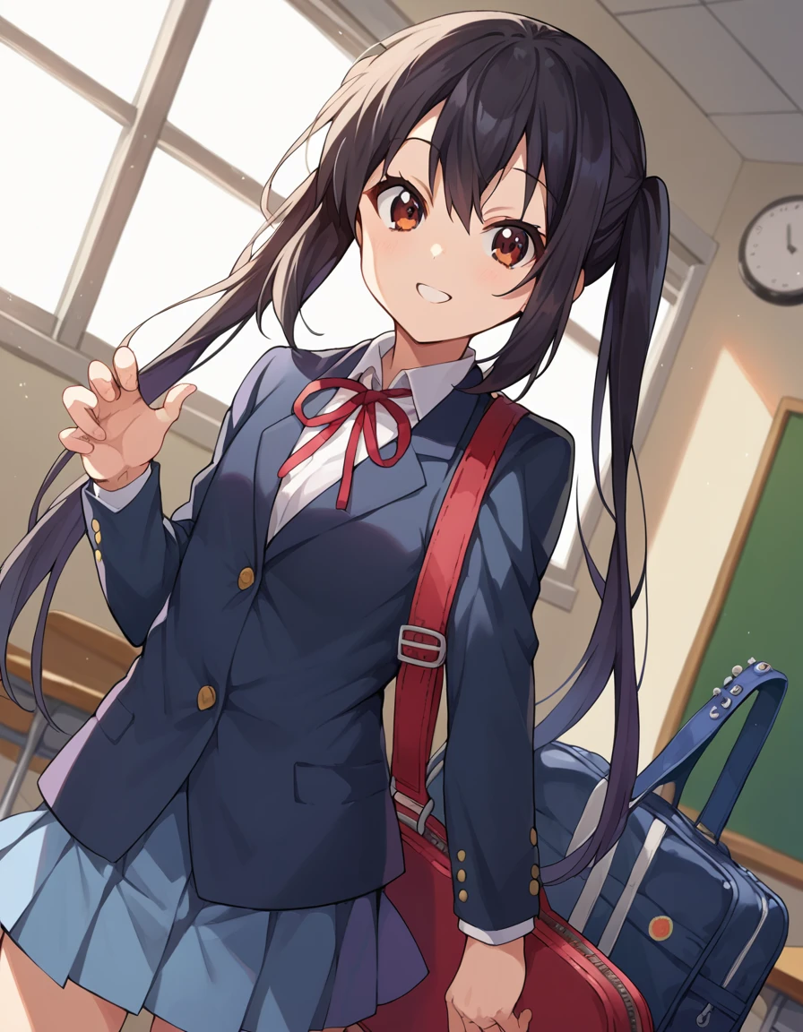 score_9, score_8_up, score_7_up, source_anime,
azusanakano, <lora:azusa-nakano-ponyxl-lora-nochekaiser:1>,
azusa nakano, black hair, brown eyes, long hair, twintails, smile,
sakuragaoka high school uniform, school uniform, uniform, blazer, shirt, white shirt, collared shirt, skirt, pleated skirt,
indoors, classroom, guitar, guitar case,
looking at viewer, cowboy shot, dutch angle, dynamic pose,