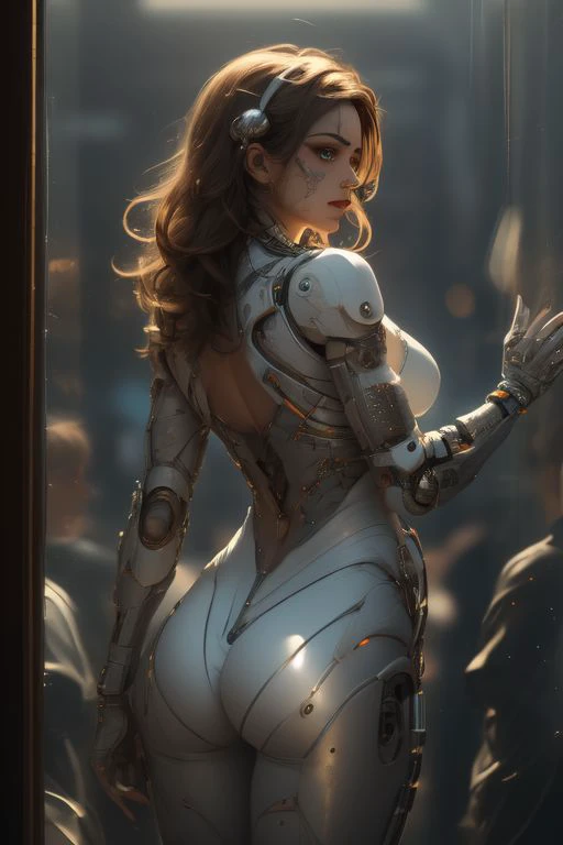 <lora:4LCOMIC:0.8> 40% Cyborg with ((electronic components visible through glass skin)), 60% Domina, posing model arching out her scratched metal buttocks (skin partly visible, standing in a shopwindow), intricate high detail, dramatic, dark mysterious lighting, heavy neon shadows, detailed, (vibrant, masterpiece, shot from the side and behind, dramatic, dark, sharp focus), ((16k hdr)), LED light eyes