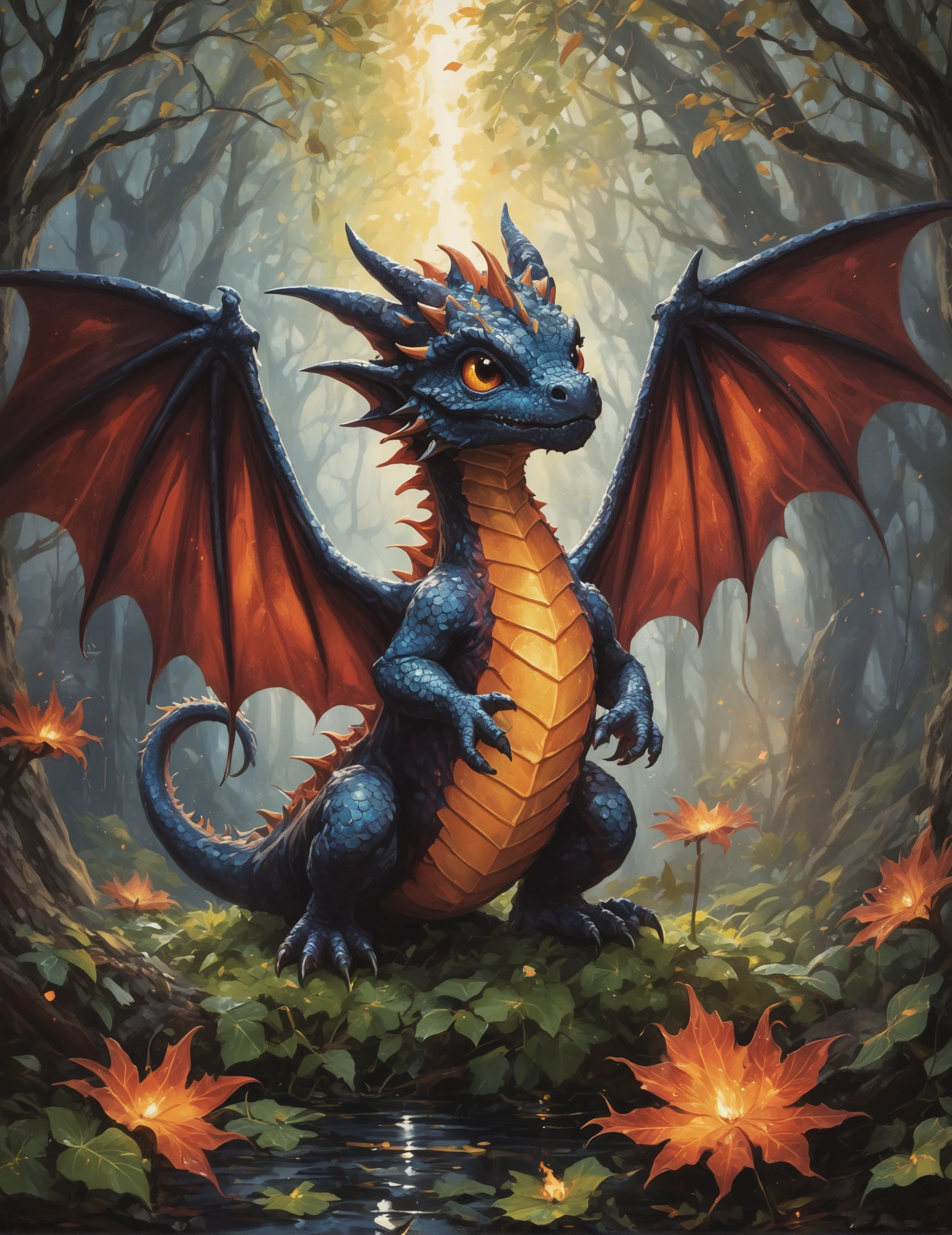 Wide-angle digital illustration, (Baby dragon spitting black clouds:1.3), Rule of thirds composition, Glittering scales, Twisted horns, (Intense gaze:1.2), Volcanic landscape, Lava flows, Cracked earth, Smoking fissures, (Harsh lighting:1.2), Created with intricate digital brushwork, Fiery color palette, Ominous atmosphere.