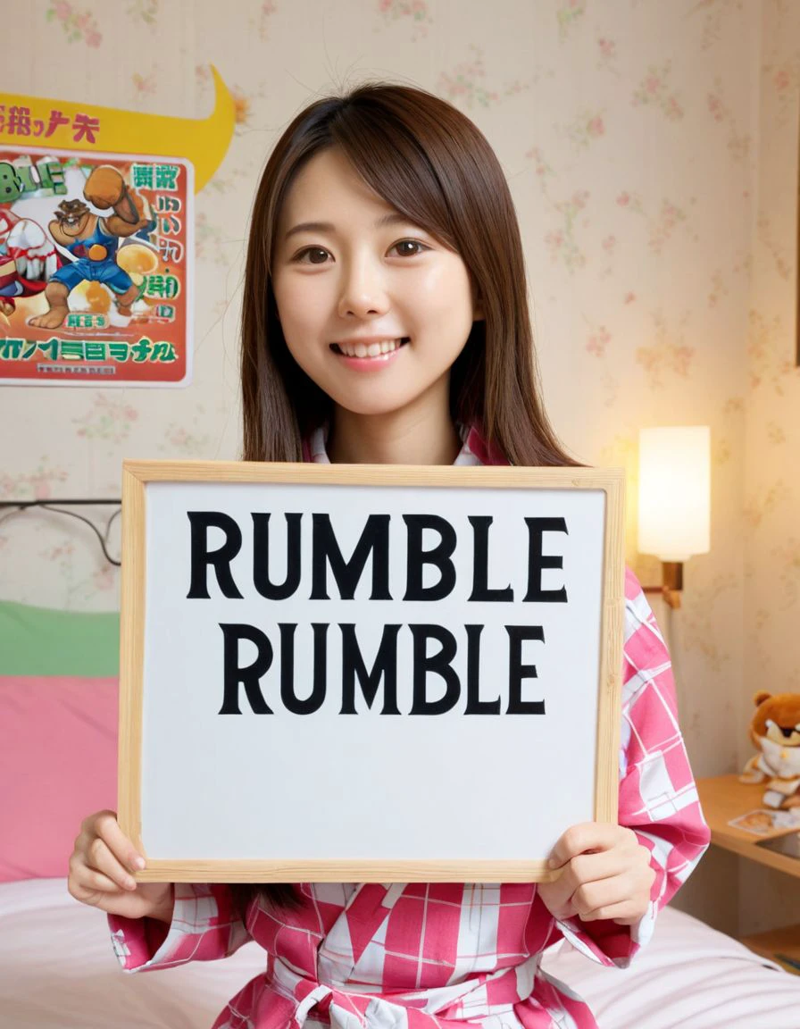 1girl, Japanese solo wife, friendly, smile, holding (a sign board with "Rumble":1.8), head shot, portrait, close-up, girl's room,
[:8k, RAW, best quality, natural skin, detailed skin, (skindentation:0.3), depth of field:0.5]