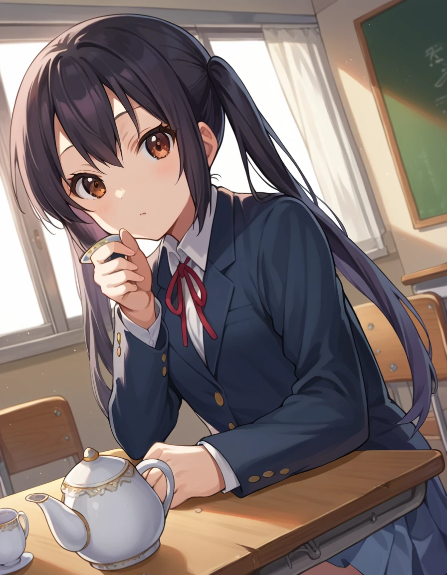score_9, score_8_up, score_7_up, source_anime,
azusanakano, <lora:azusa-nakano-ponyxl-lora-nochekaiser:1>,
azusa nakano, black hair, brown eyes, long hair, twintails,
sakuragaoka high school uniform, school uniform, uniform, blazer, shirt, white shirt, collared shirt, skirt, pleated skirt,
indoors, classroom, sitting, desk, table, tea, teacup, teapot,
looking at viewer, cowboy shot, dutch angle, dynamic pose,