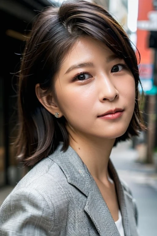 Best quality,masterpiece,ultra high res,(photorealistic:1.4),1girl,low key,slim body,japanese street alley,dynamic pose,face closeup,<lora:cammy_chiang:1>,suit,