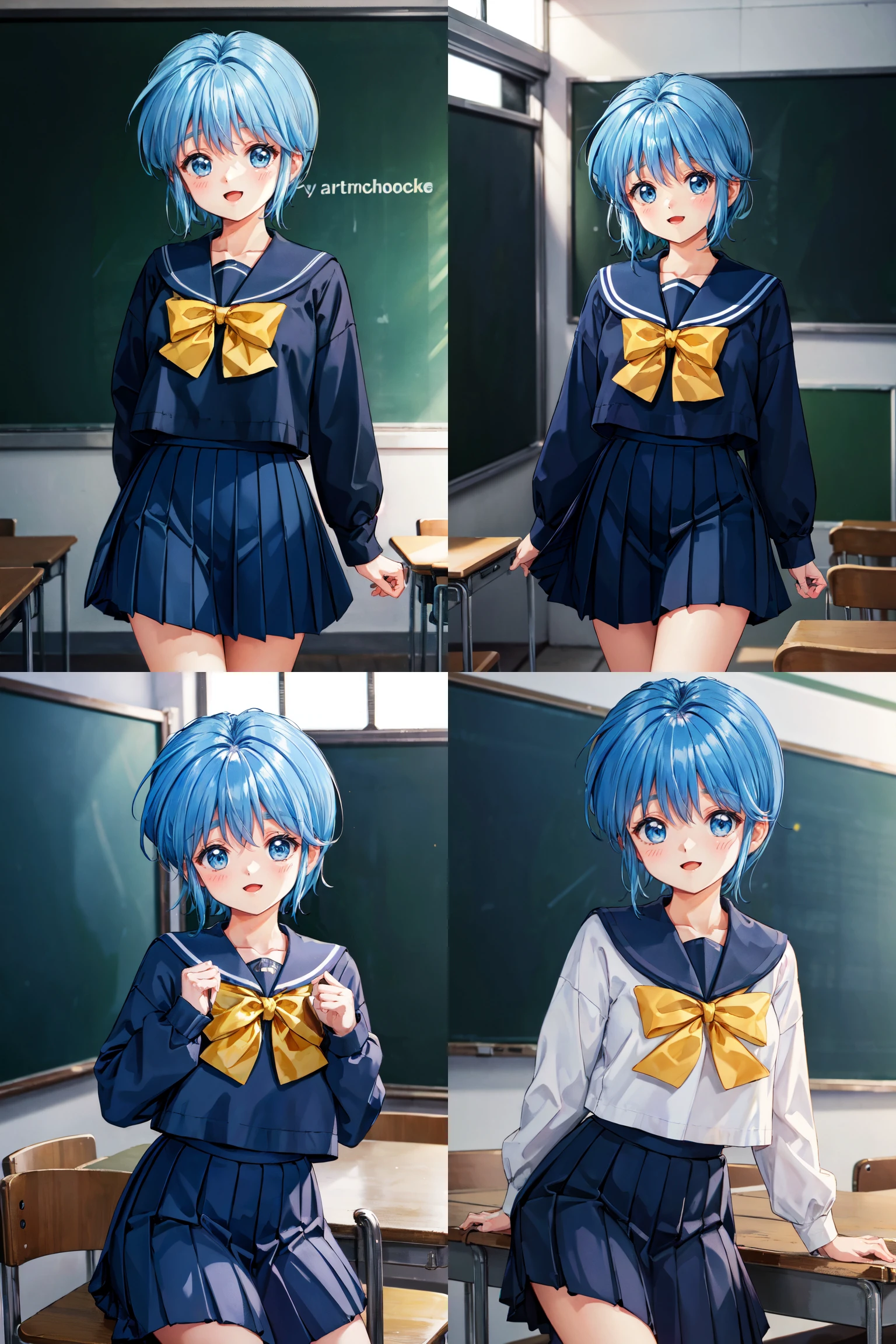 best quality,masterpiece,1girl,Saki Nijino,<lora:yl^ - Saki Nijino (0h0M00M00000 Tokimeki Memorial) 0020:0.8>,solo,chalkboard,blue hair,blue eyes,school uniform,skirt,retro artstyle,open mouth,yellow bow,pleated skirt,short hair,serafuku,1990s (style),long sleeves,smile,bow,looking at viewer,blue skirt,indoors,heart,sailor collar,classroom,bowtie,bangs,cowboy shot,