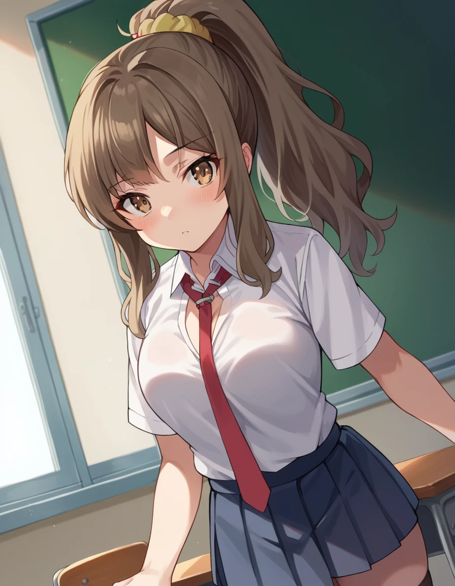 masterpiece, best quality, ultra-detailed, extremely detailed, illustration, leaning forward, arms behind back, 1girl, solo, takao,  wearing tank top, booty shorts, small breasts, thighs, smile, open mouth, classroom, indoors, cowboy shot, nice butt, thick thighs 