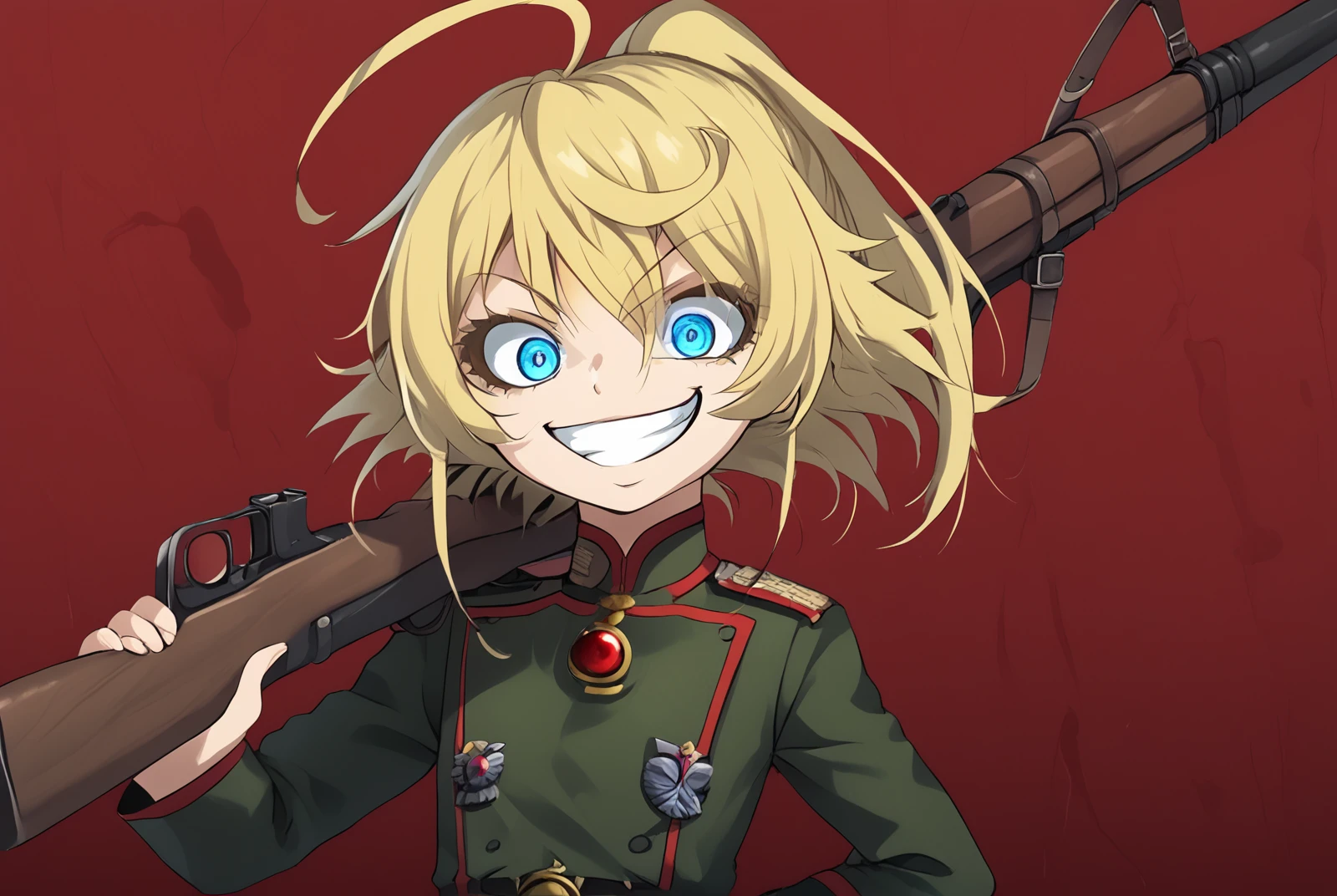 score_9, score_8_up, score_7_up BREAK TanyaDegurechaff, 1girl,detailed eyes, solo, looking at viewer, smile, blue eyes, blonde hair, holding, ponytail, weapon, ahoge, belt, holding weapon, grin, uniform, hand on hip, gun, military, military uniform, holding gun, red background, rifle, evil smile, over shoulder, weapon over shoulder, crazy eyes, evil grin, <lora:Tanya_Degurechaff:1>