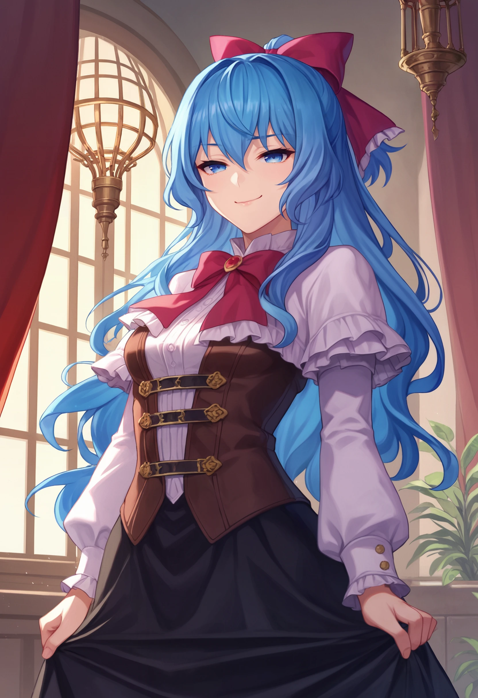 zPDXL, source_anime, BREAK
liselotte, blue hair, sidelocks, blue eyes,
closed mouth, naughty face,
default outfit, hair bow, black skirt,
cowboy shot, standing,
indoors <lora:liselotte-cretia-pdxl2-005:0.6>