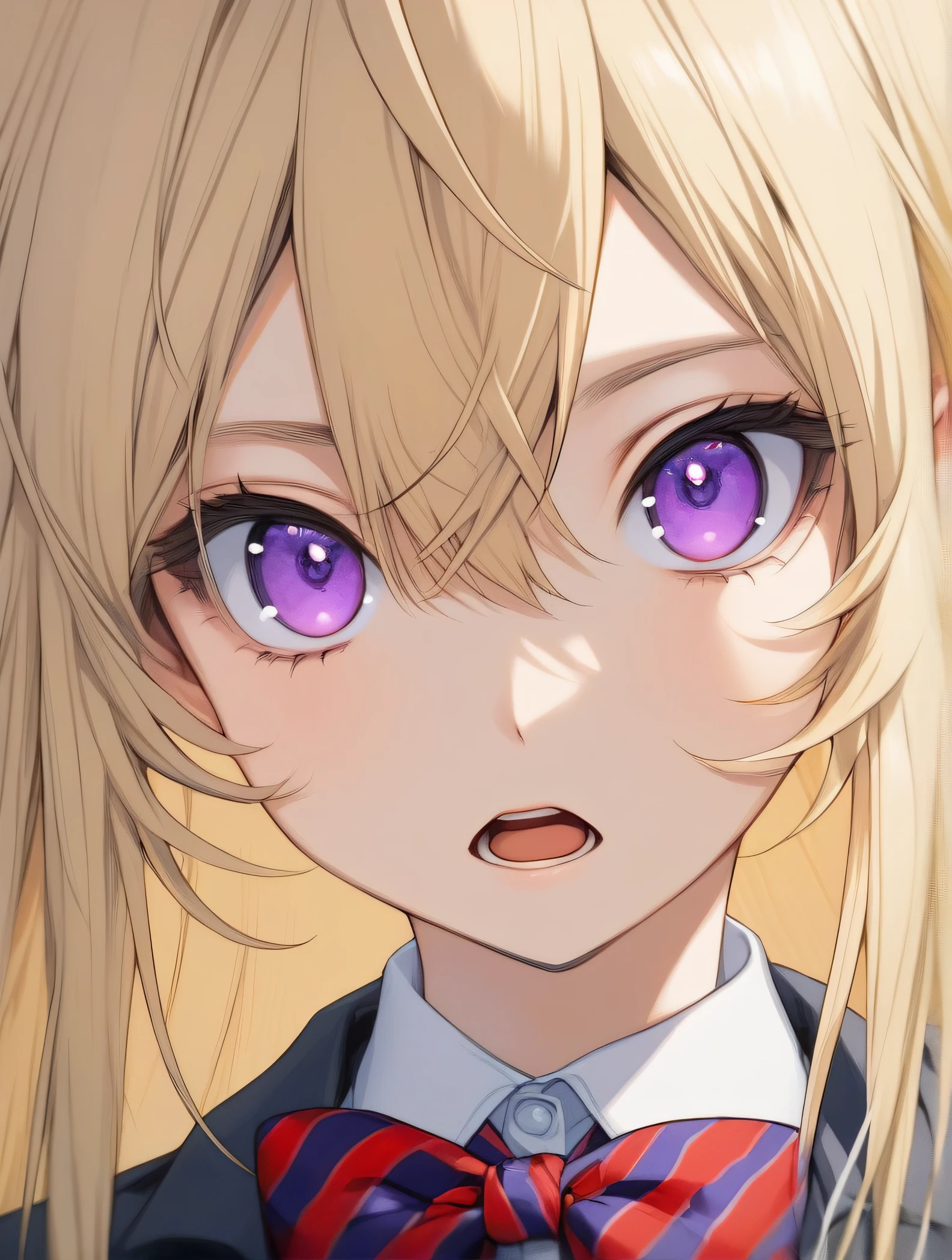 <lora:Erina:0.7> 1girl,solo,long blonde hair,looking at viewer,open mouth,bangs,blonde hair,shirt,bow,hair between eyes,school uniform,purple eyes,jacket,white shirt,striped,collared shirt,bowtie,red bow,portrait,close-up,,striped bow,striped bowtie