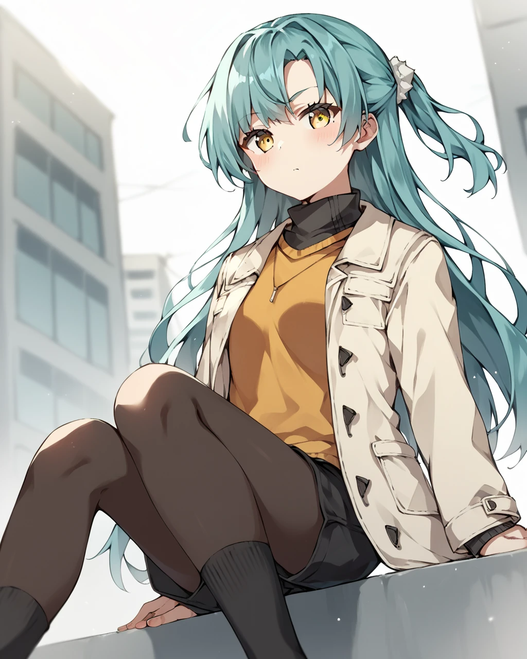 score_9, score_8_up, score_7_up, score_6_up, score_5_up, score_4_up, BREAK source_anime,
<lora:Yokote_Suzu_PONY:0.8>,1girl, solo, long hair,shirt, long sleeves,aqua hair, yellow eyes, pantyhose, open clothes, shorts, socks,sweater, coat,turtleneck, one side up, black shorts,jacket,