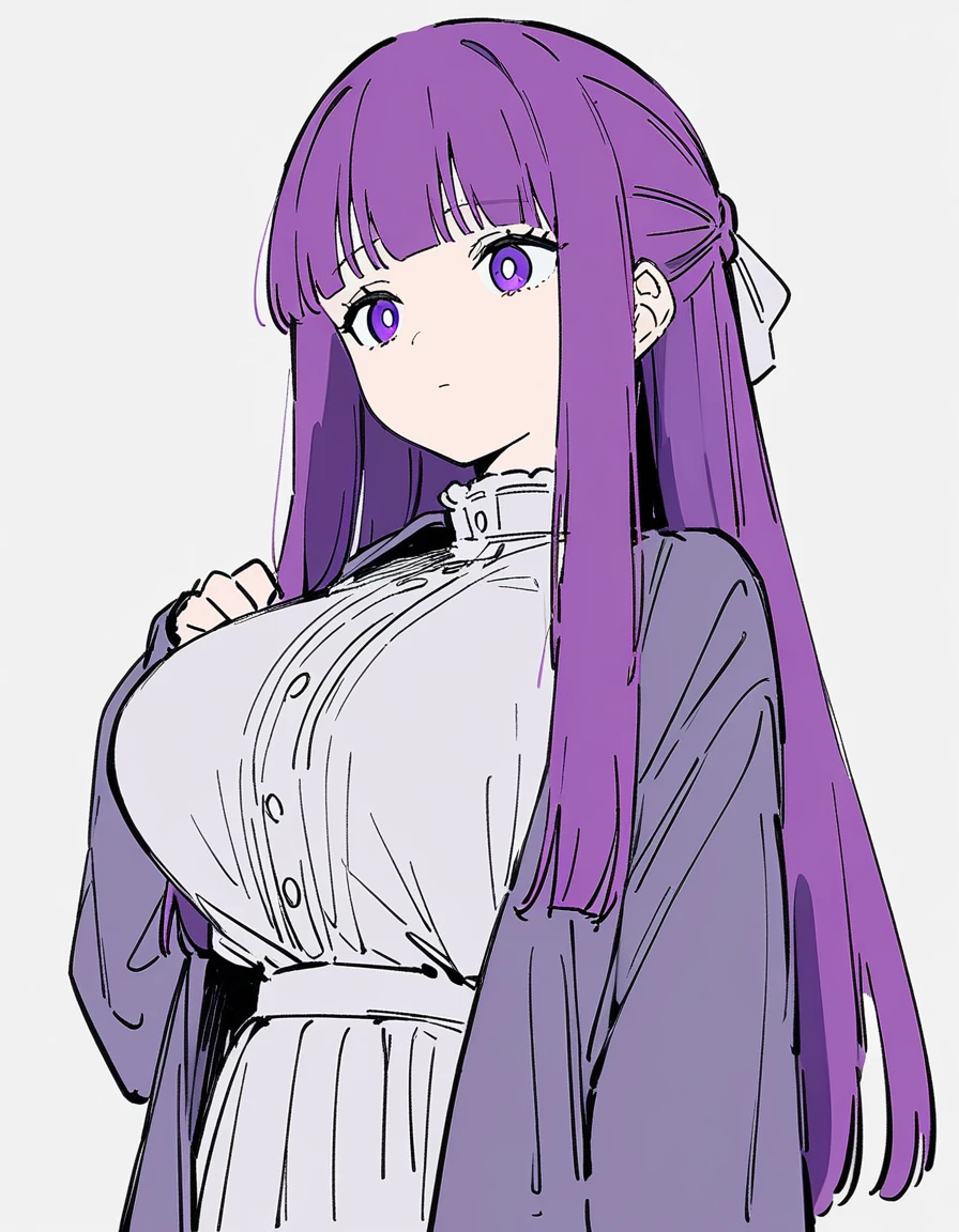 1girl, solo, fern \(sousou no frieren\), sousou no frieren, sketch, flat color,
long hair, purple hair, purple eyes, braid, large breasts, dress, cardigan, expressionless,
white background,
masterpiece, best quality, very aesthetic, absurdres,