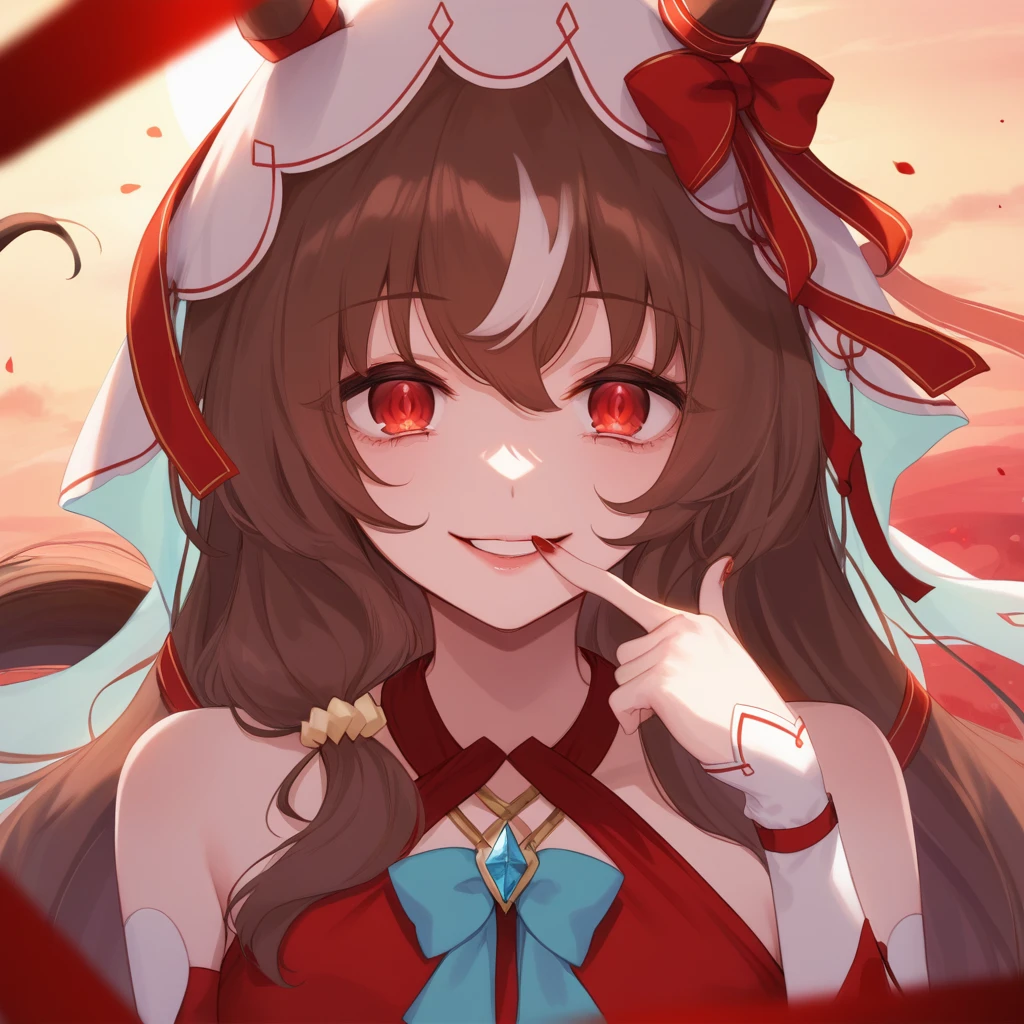score_9, score_8_up, score_7_up, source_anime BREAK
(dusk, dim light, the setting sun, red_theme,evening glow), wide_shot, 
1girl, solo, red eyes, bare shoulders, small breasts, horse ears, horse tail, bangs, eyebrows visible through hair, long brown hair, streaked hair, hair between eyes, hair scrunchie, 
smiling, yandere trance, evil smile, empty eyes, crazy eyes, (dark:1.4), blood_lipstick, (red_nail:0.9), finger to mouth, blood vessels, (dark_background:1.4), Fingers brushing over lips
veil, ribbon, bow, red bow, cyan bow tie, detached sleeves, criss-cross halter, jewelry, red nails, red and cyan dress, 
<lora:StillinLove_XL_try:0.8>,