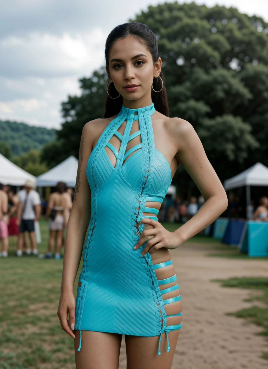 photo of a slender woman, dancing at an outdoor music festival, wearing a blue Neckholder Dress, <lora:CrunchyBanana_Rave_Dress_134:1>