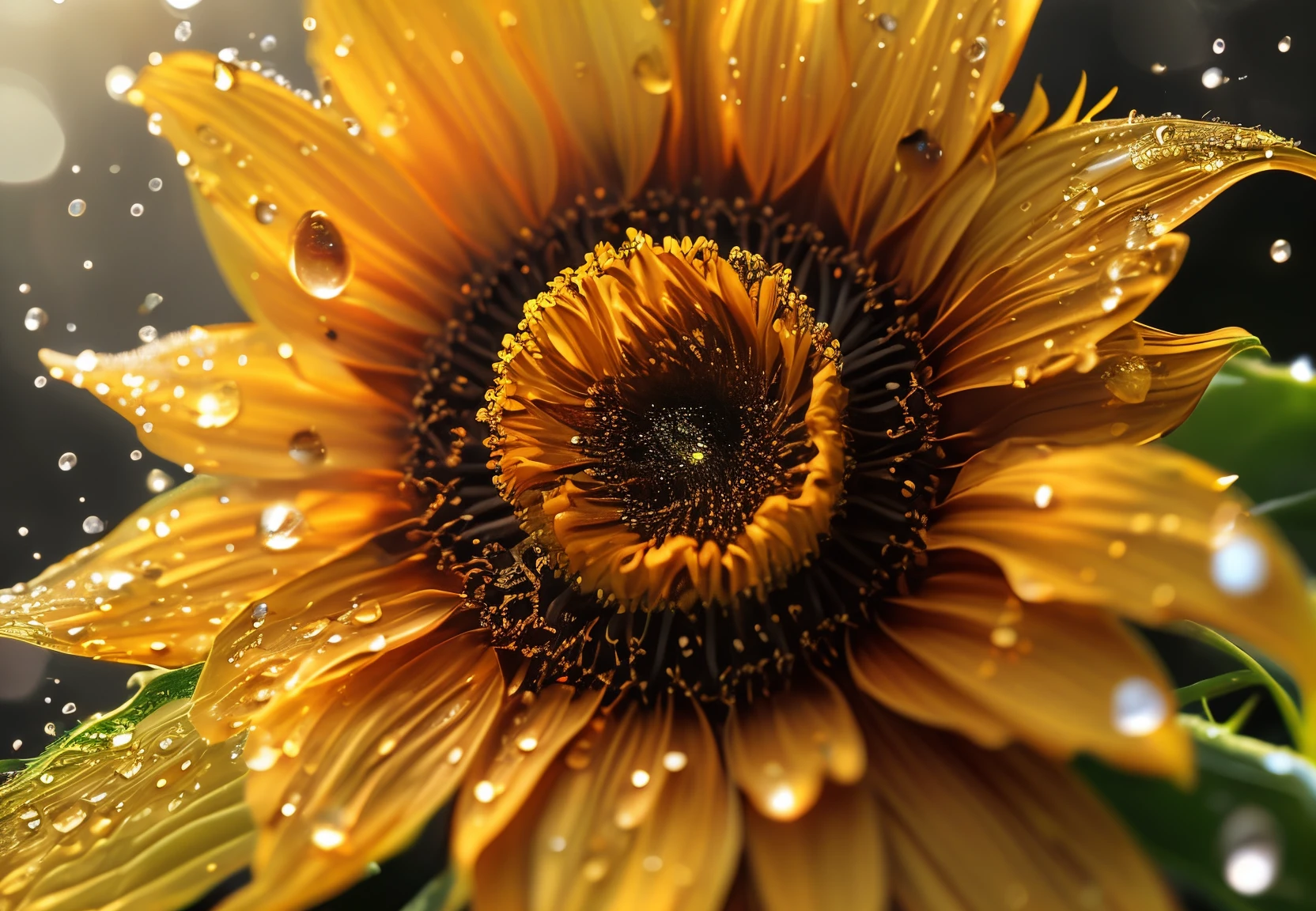 a sunflowers amazingly fluid detailed 3d fractals light particles water drops shimmering light, Miki Asai Macro photography, close-up, hyper detailed