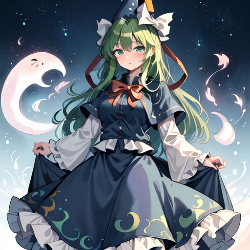 Best quality, most quality, solo, masterpiece, full body, blush, mima_touhou, green_hair, long_hair, hat, green_eyes, wizard_hat, bow, ribbon, blue_dress, breasts, ghost_tail,