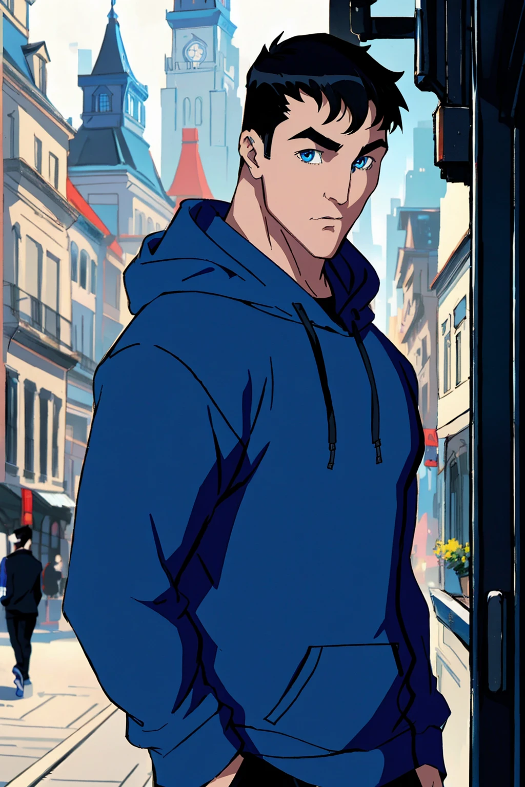 masterpiece ,best quality, Bruce_Wayne,1boy,solo,black hair,blue eyes,blue shirt,male focus,wears,hoodie,black hoodie