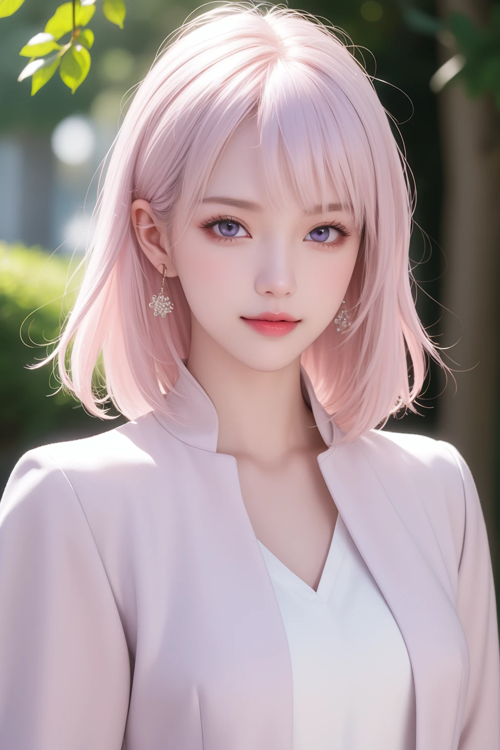 (masterpiece, best quality), intricate details, thin, ((slim)), beautiful girl, Light pink hair, white skin, light purple eyes, sharp jawline, cropped jacket, messy hair, lips, upper body, close up, smirk, outdoors,