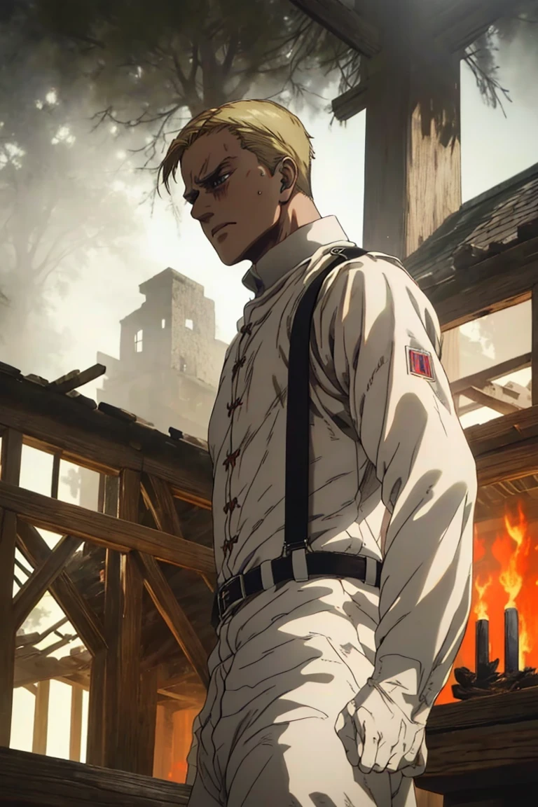 solo male, Colt Grice, blond hair, light hazel eyes, tall, white Marleyan soldier uniform, (standing collar, mandarin collar, light collar:1.2), light pants, (black suspender straps, black belt, supply packs), tall combat boots, young, handsome, charming, alluring, perfect anatomy, perfect proportions, best quality, masterpiece, high_resolution, standing, upper body, dutch angle, cowboy shot, photo background, germany city, day, ((wide avenue, high timber frame townhouse, historical building)), ((battlefield, steamy, smoky, sad, backlight, golden glare, fire))<lora:EMS-326009-EMS:0.800000>