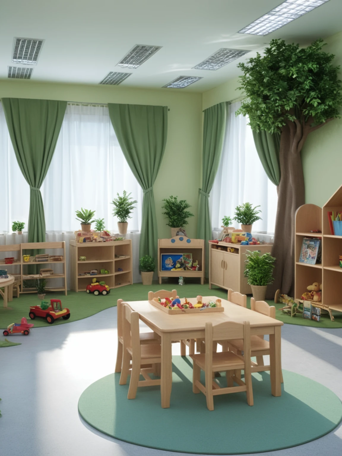 <lora:JJsKinderGartenInterior_XL:1>, ((KinderGarten)) , ((best quality)),((masterpiece)),((realistic)), indoors, no human,tree pot,plant, television, window, chair, table, curtains,  photorealistic, authentic, indoor scenery,  day light,  highly detailed ,toys,plant,