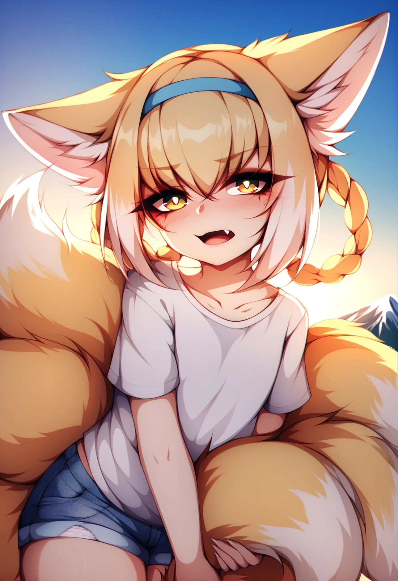 by foxykuro, best quality, masterpiece, score_9, score_8_up,
1girl, suzuran \(arknights\), fox girl, fox ears, animal ear fluff, fox tail, oripathy lesion \(arknights\),  flat chest, blonde hair, hairband, kitsune, nine tails, greed eyes, denim shorts, t-shirt, posing,  fang, collarbone, holding own tail, angry,
outdoors, epic scenery of sunset on mountains,