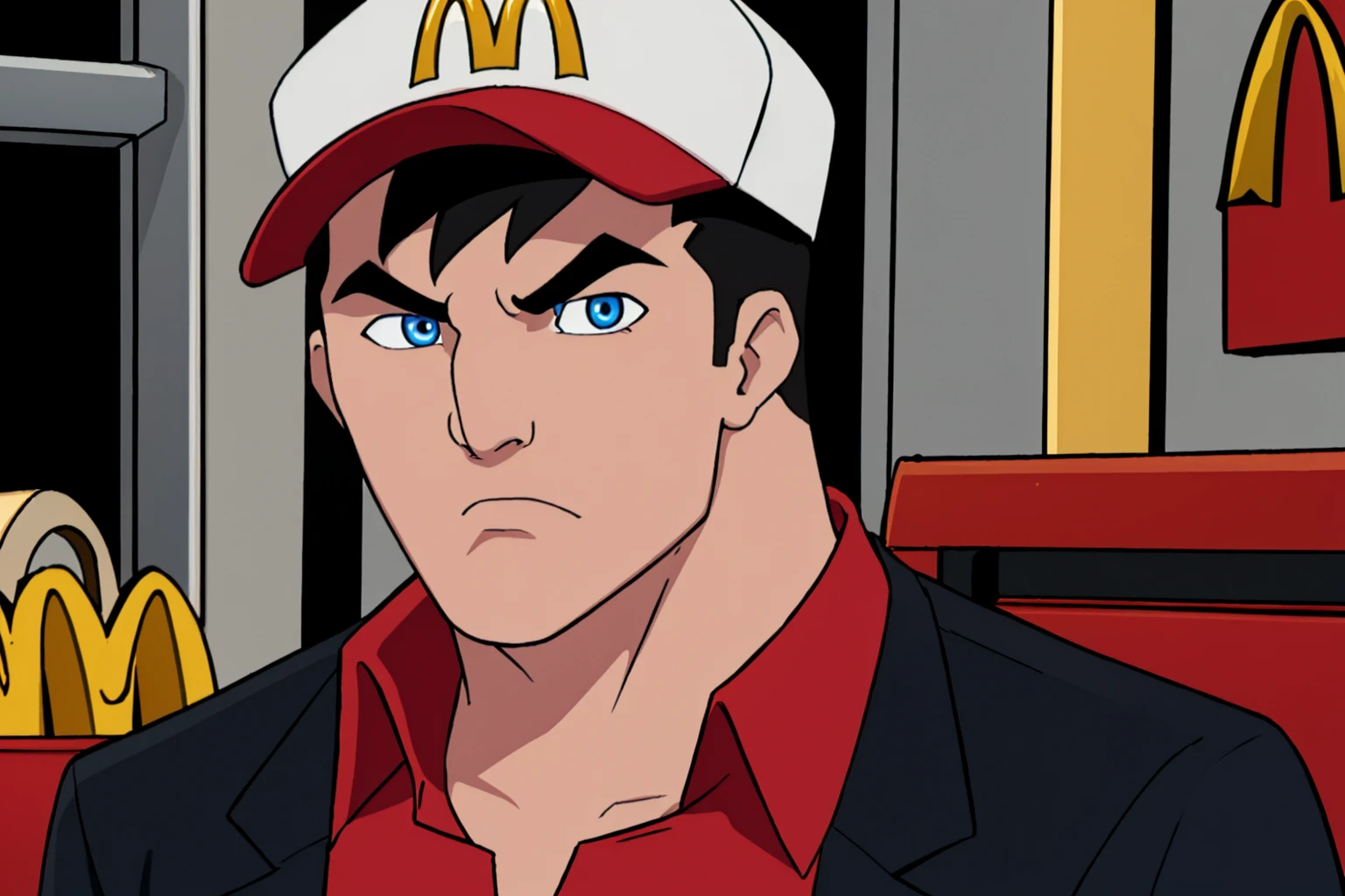 masterpiece,best quality,Bruce_Wayne,1boy,solo,angry, wearing mcdonalds uniform, red shirt, black slacks, mcdonalds cap, looking at viewer,black hair,blue eyes,male focus